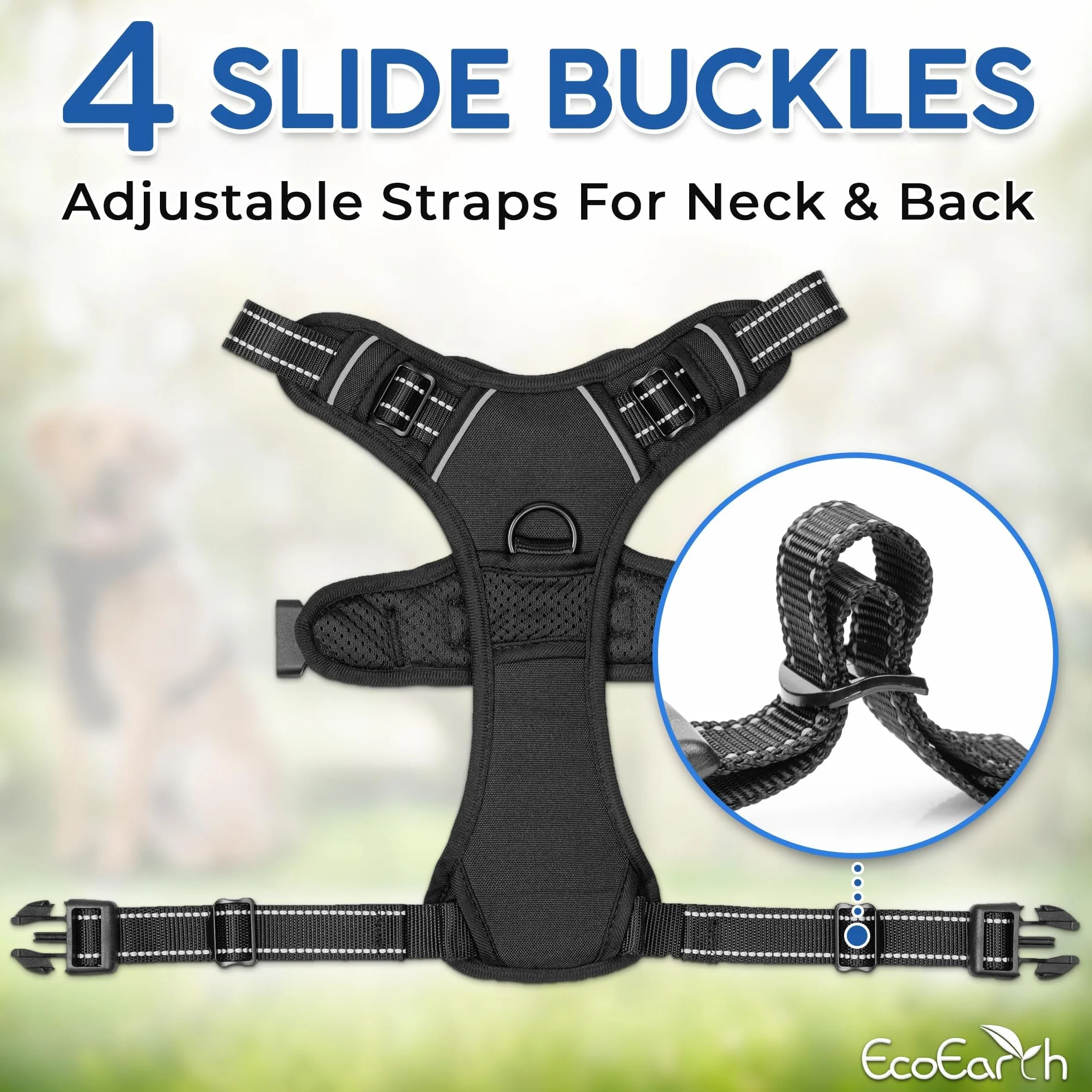 EcoEarth Dog Harness for Medium Dogs Black Soft Padded Adjustable No Pull Pet Harness