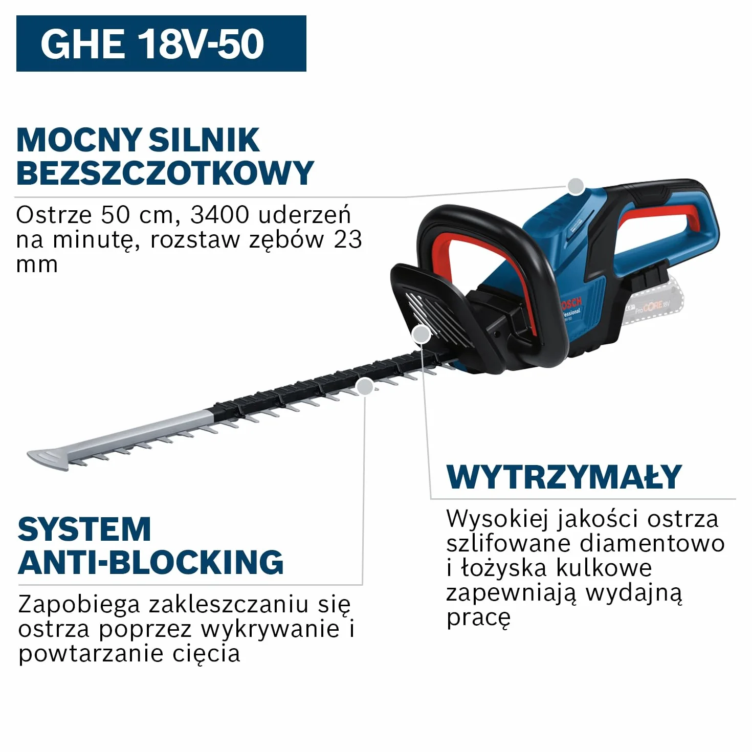 System profesjonalny 18 V firmy Bosch: sekator akumulatorowy GHE 18V-50 (grubość cięcia 20 mm, ostrze 50 cm, silnik bezszczotkowy, ergonomiczna konstrukcja)