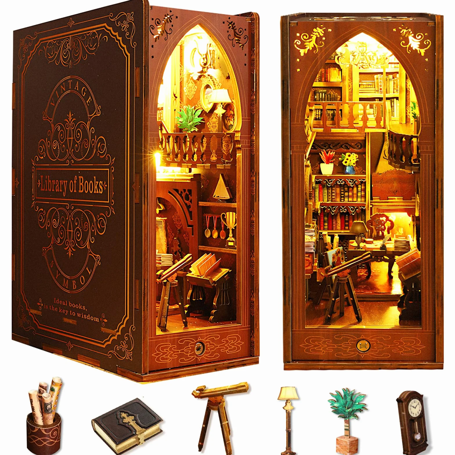 Zestaw DIY Book Nook dla lalek, podpórka do książek z oświetleniem LED, miniaturowy domek dla lalek, puzzle 3D drewniane podpórki do książek (biblioteka książek)