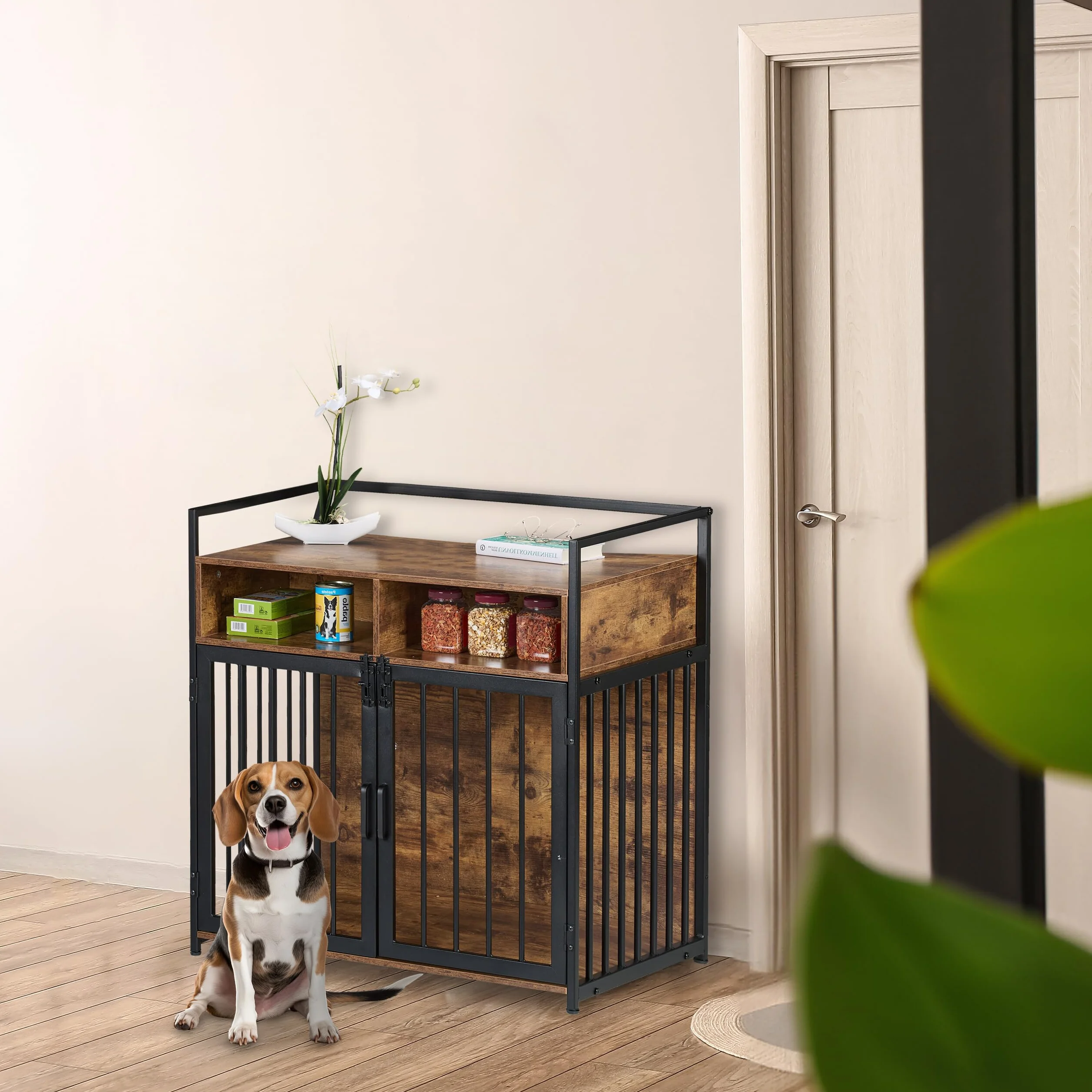 Relaxdays Klatka dla Psa 85x80x54 cm Skrzynia z Półką 2 Drzwi Szafka Brązowo-Czarna