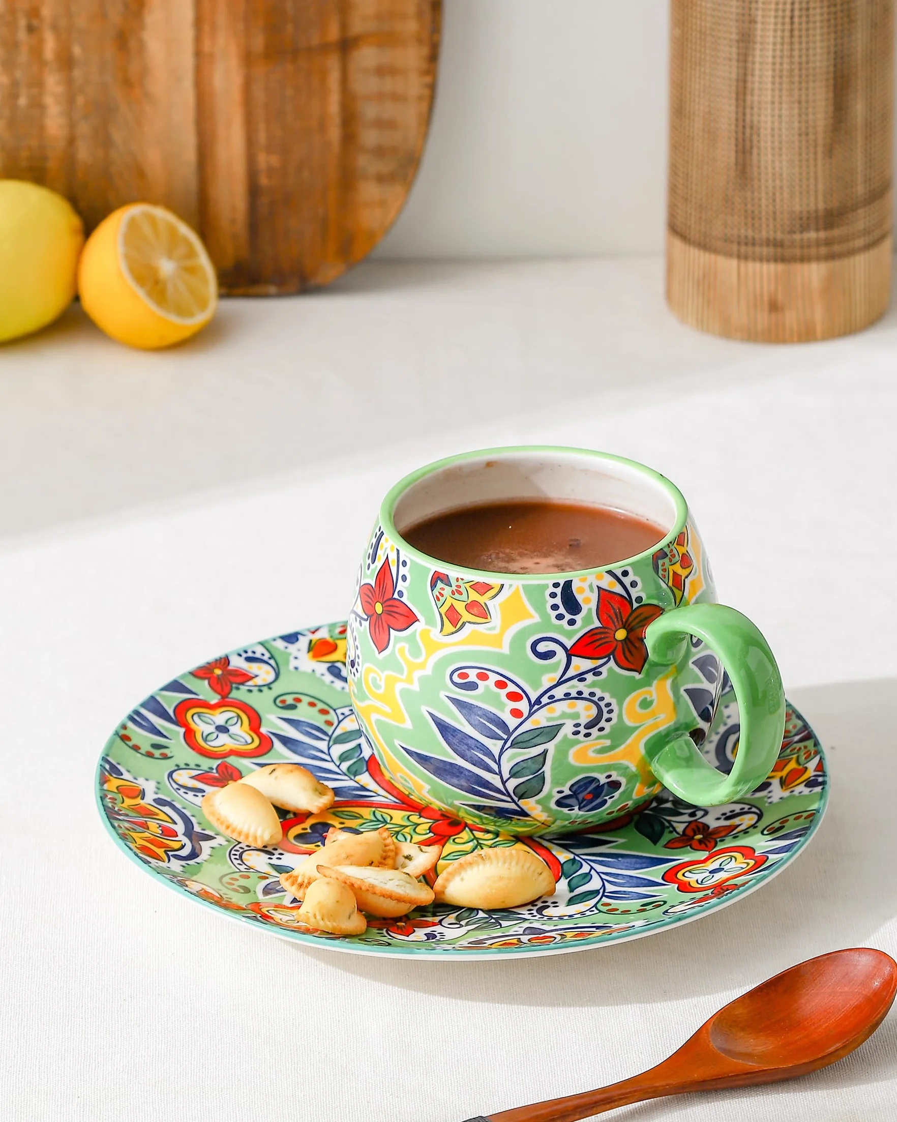 HENXFEN LEAD Zestaw filiżanek do cappuccino, 600 ml, porcelanowe filiżanki do kawy z uchwytem, 6 porcelanowych filiżanek do herbaty, kawy, mleka, cappuccino, z wzorem, kolorowe, styl boho