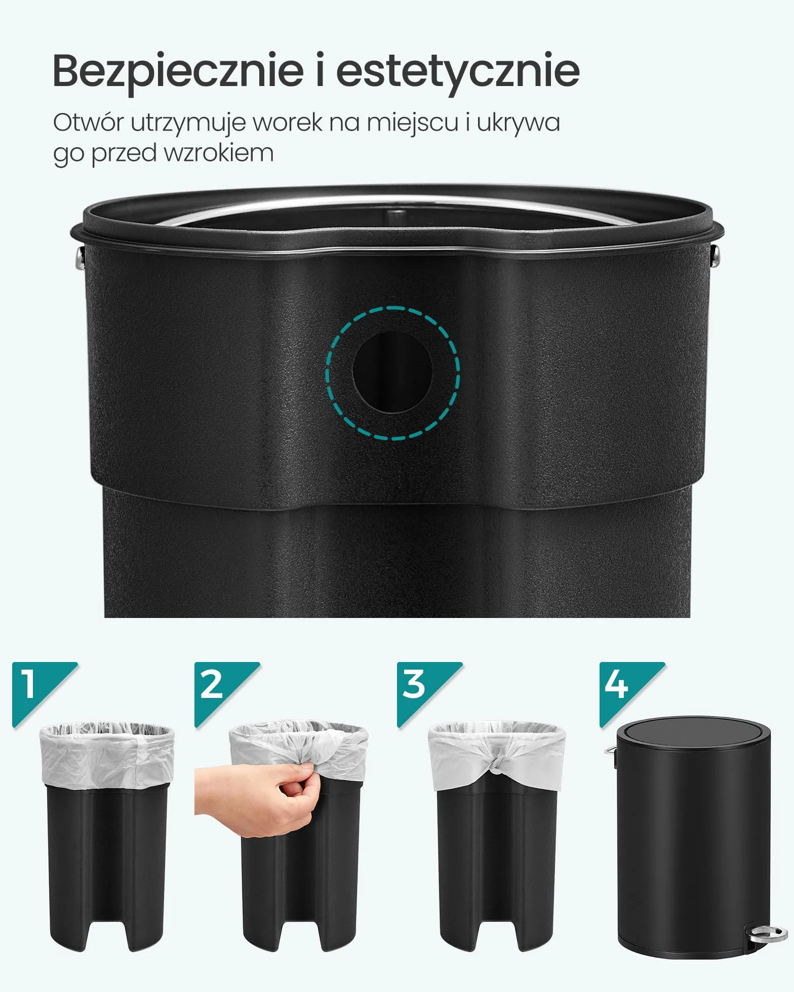 SONGMICS LTB012BZ01 Kosz łazienkowy z pokrywką, kosz na kosmetyki, 6 l, mały kosz na śmieci, miękkie zamykanie, wyjmowane plastikowe wiadro wewnętrzne, do sypialni, biura, stal, czarny atrament