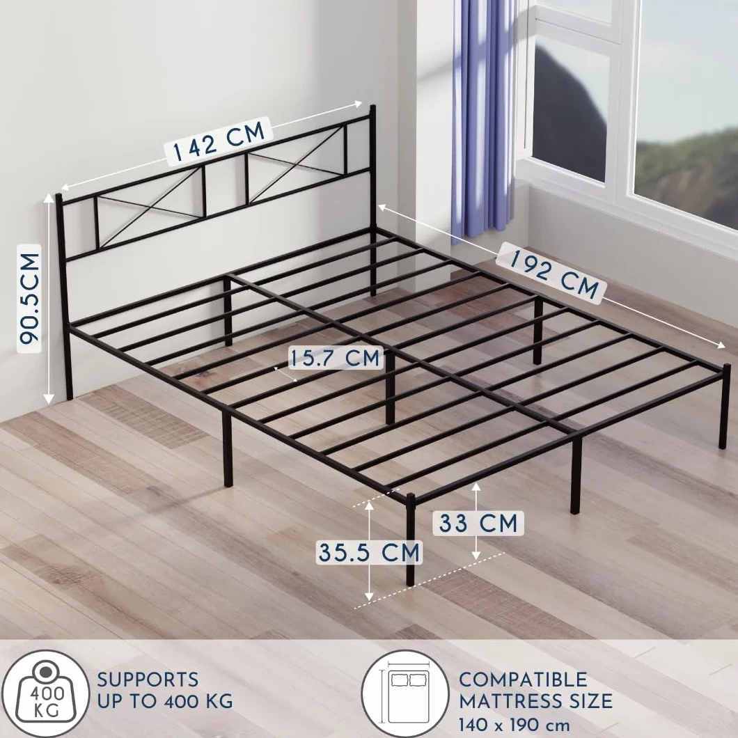 Rama łóżka Dreamzie 140x190 - Łóżko metalowe z zagłówkiem - Wysokość 35 cm - Łatwy montaż i przestrzeń do przechowywania