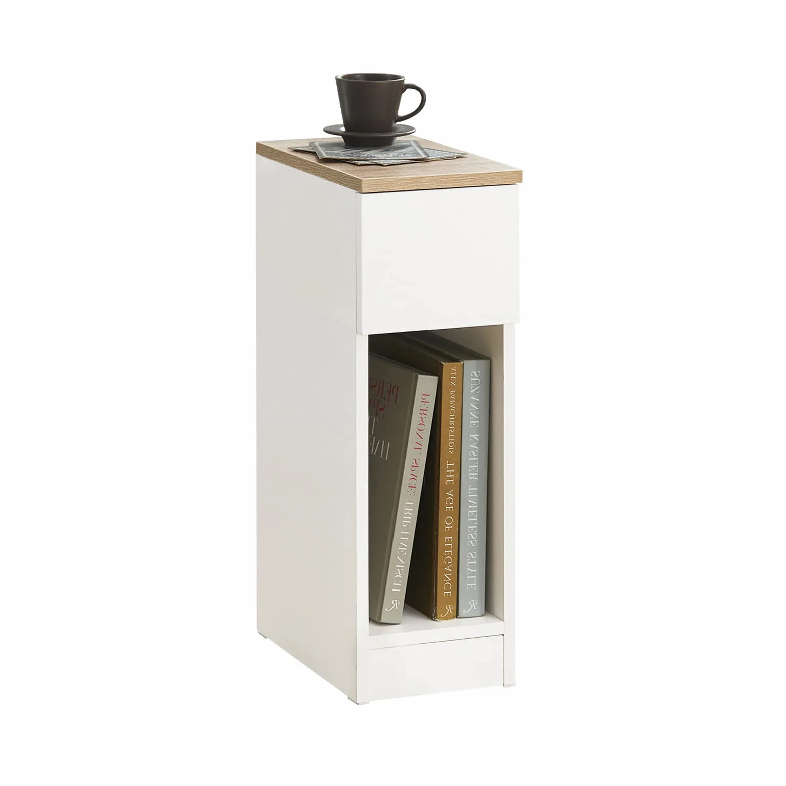 SoBuy Wąska Szafka Nocna, Stolik Nocny z Szufladą i Półką, Wąski Stolik Boczy do Sypialni i Salonu, Biały W20 × G35 × H60cm FBT111-WN