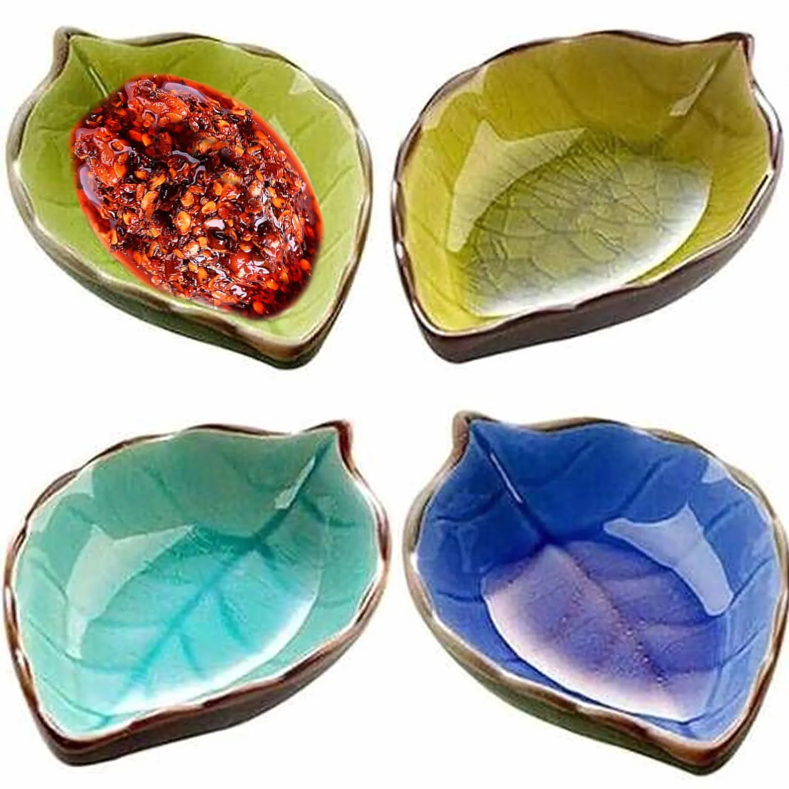 4 sztuki ceramicznych foremek w kształcie liści, ręcznie wykonane miseczki na sosy, ceramiczne miseczki na przekąski, sos sojowy, przyprawy, owoce, miseczka