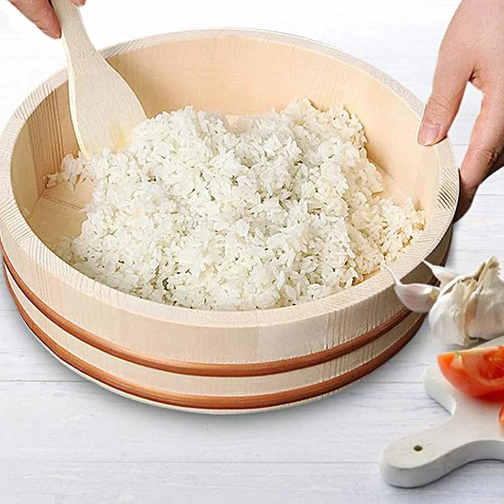 Adima Japońska drewniana Hangiri sushi miska do mieszania ryżu z miedzianą opaską sushi oke biała sosna drewno do sushi restauracji domu kuchni 12 rozmiarów, 27 x 7,5 cm