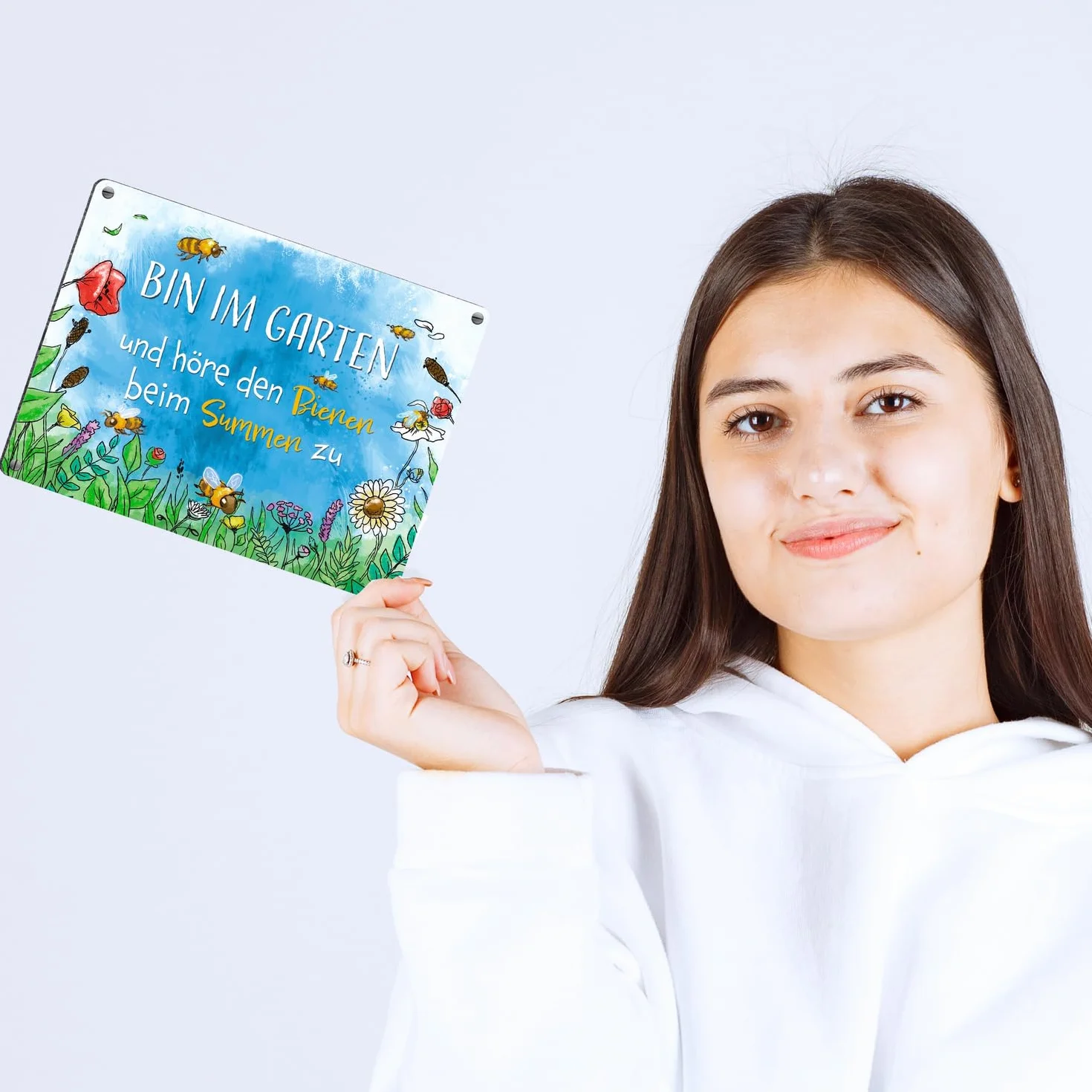 Jestem w ogrodzie metalowa tabliczka o wymiarach 15 x 20 cm z łąką kwiatową i pszczołami jako dekoracja ogrodu lub ogrodzenia ogrodowego na wiosnę