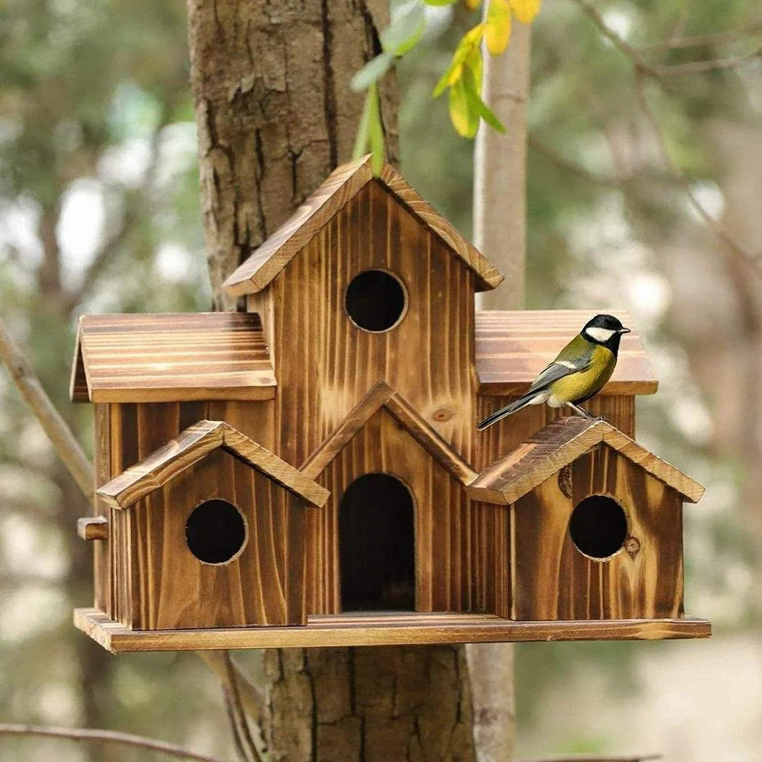 6-otworowy ręcznie wykonany naturalny drewniany domek dla ptaków na zewnątrz, gniazdo papug, domki dla ptaków, brązowy