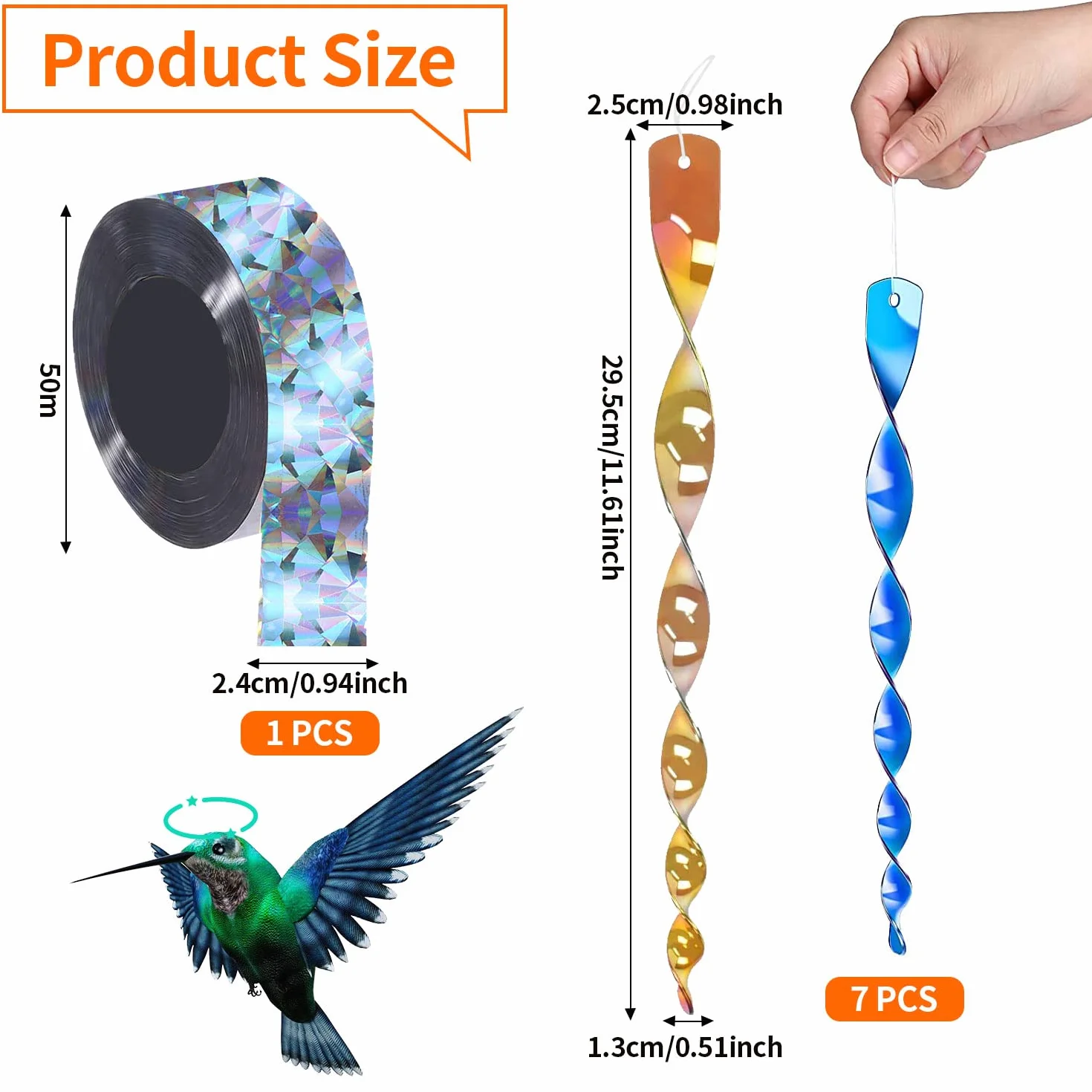 7PCS Espanta Gołębie Odblaskowe Strach Na zewnątrz Spirala Wiatrowa Antygołębie Z 1PCS Taśma Odblaskowa Anti-Birds Dwustronne Do Ogrodów Balkon Drzewa Owocowe (7 Kolory)