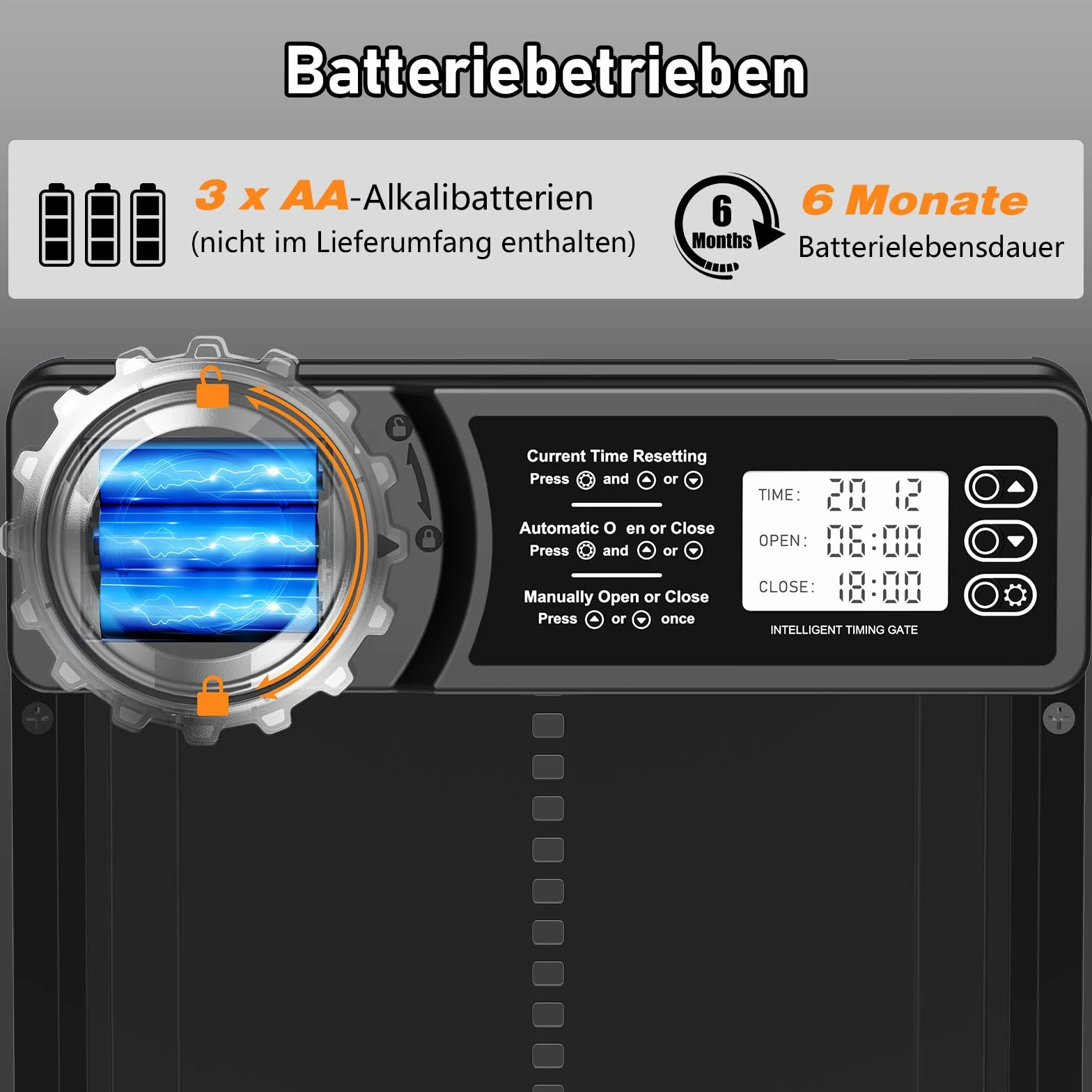 Aluminiowa automatyczna klapka dla kurczaków na baterie, MASTERFUN Elektryczna klapka dla kurczaków Automatyczne drzwiczki dla kurczaków z wodoodpornym dużym wyświetlaczem, timerem