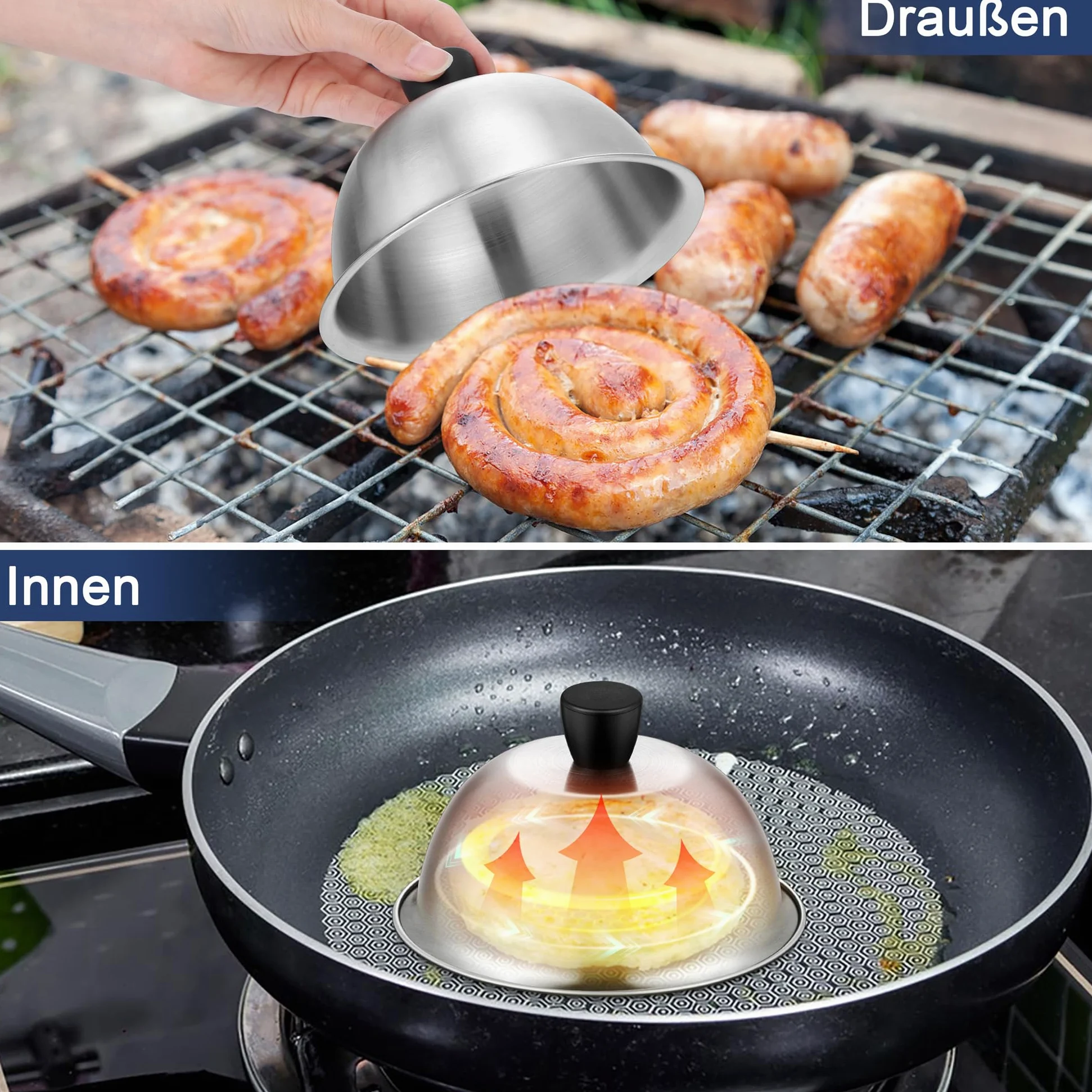 Joyfair Dzwonek do burgerów, 2 sztuki, ze stali nierdzewnej, mały dzwonek do burgerów, pokrywy do burgerów ze śrubokrętem, ciężka pokrywa do topienia do serów, burgerów, na zewnątrz i wewnątrz, można