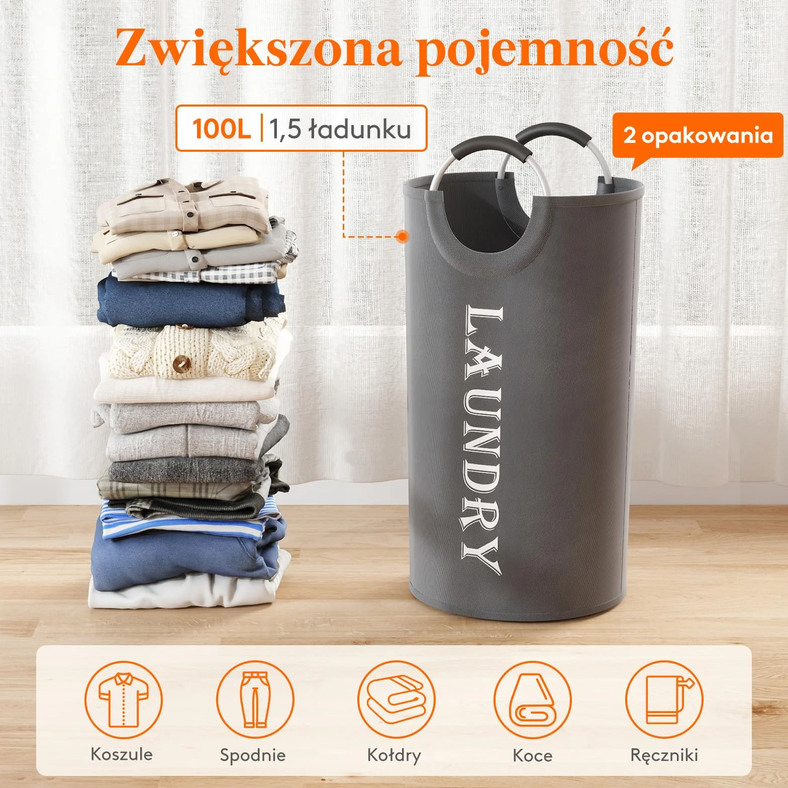 Lifewit 100l 2 szt. duży kosz na pranie, składany kosz na pranie z aluminiowymi uchwytami, wodoodporny wolnostojący kosz na brudne ubrania do pralni, sypialni, łazienki w akademiku,Szary