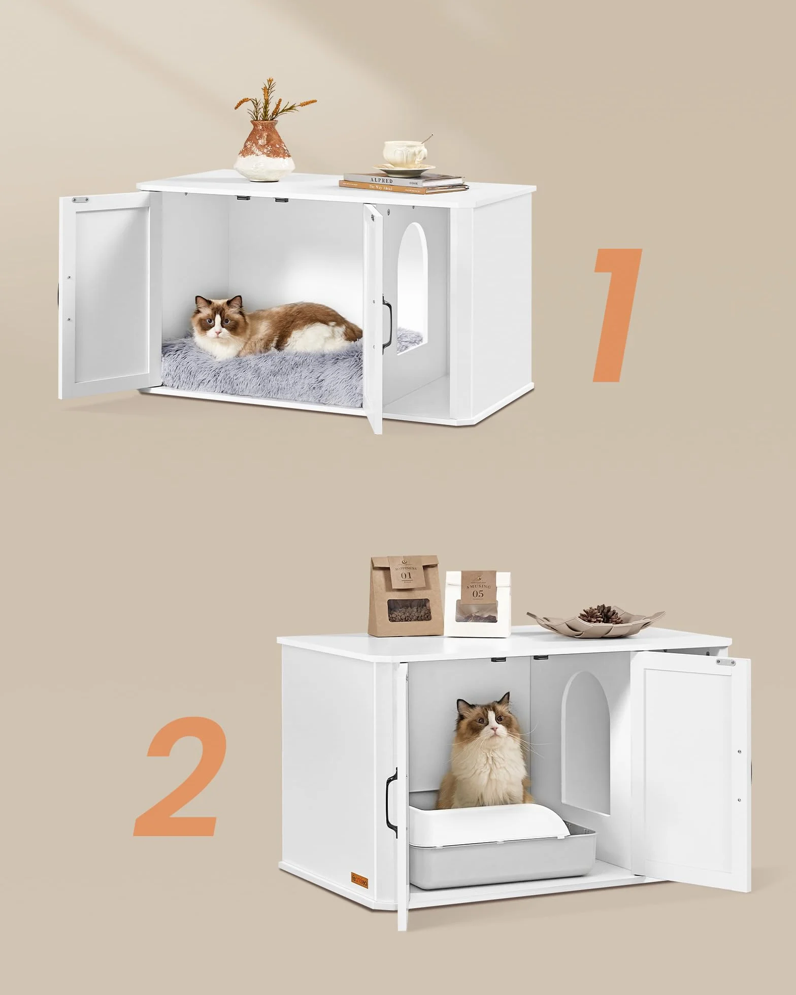 Feandrea Cat House szafka na kuwetę 85 x 48,5 x 50 cm miodowy brąz-biel vintage