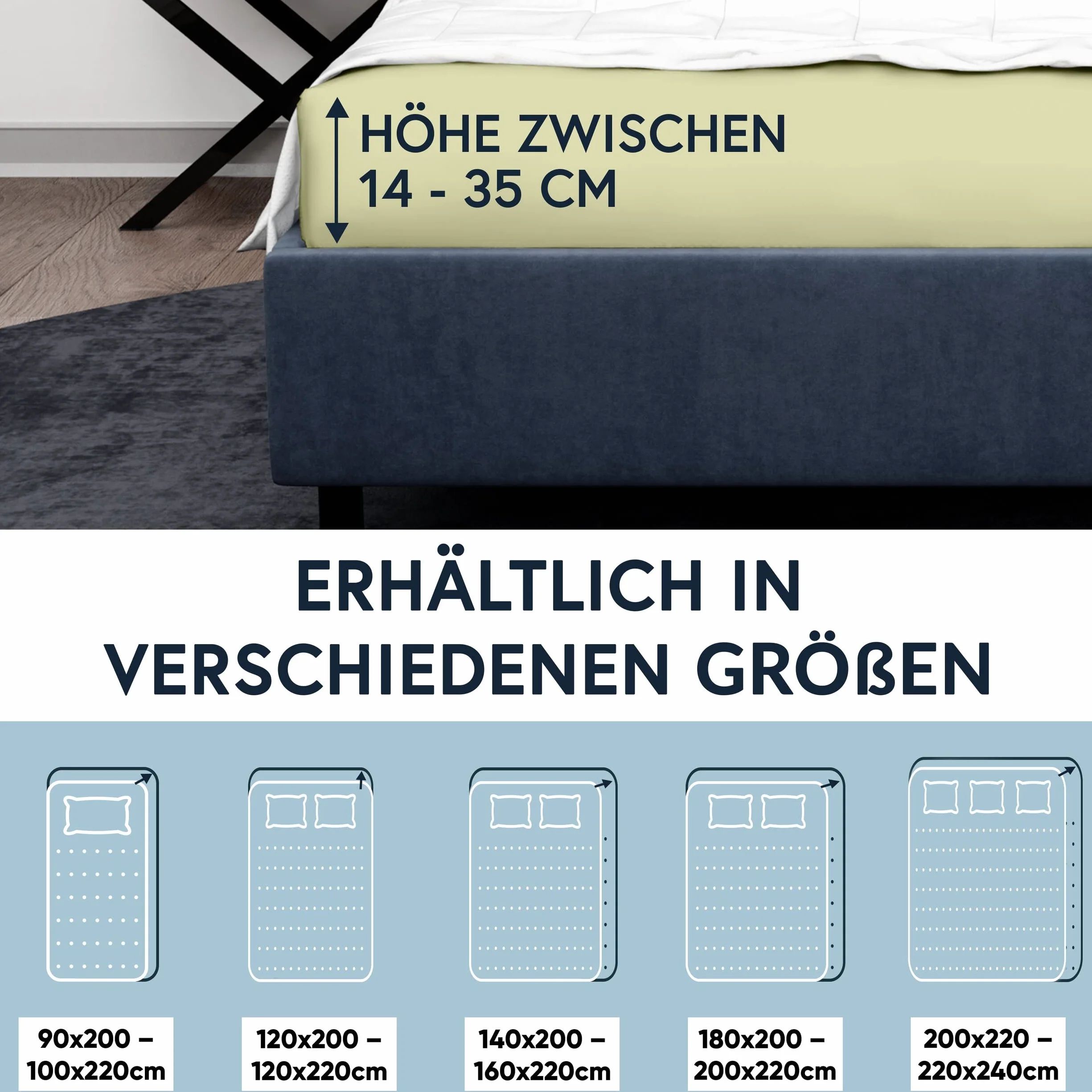 MOON - Luksusowe prześcieradło z gumką Jersey Stretch 230 g/m² do łóżek wodnych, łóżek kontynentalnych i tradycyjnych materacy (Pistazie, 200 x 220 – 220 x 240)