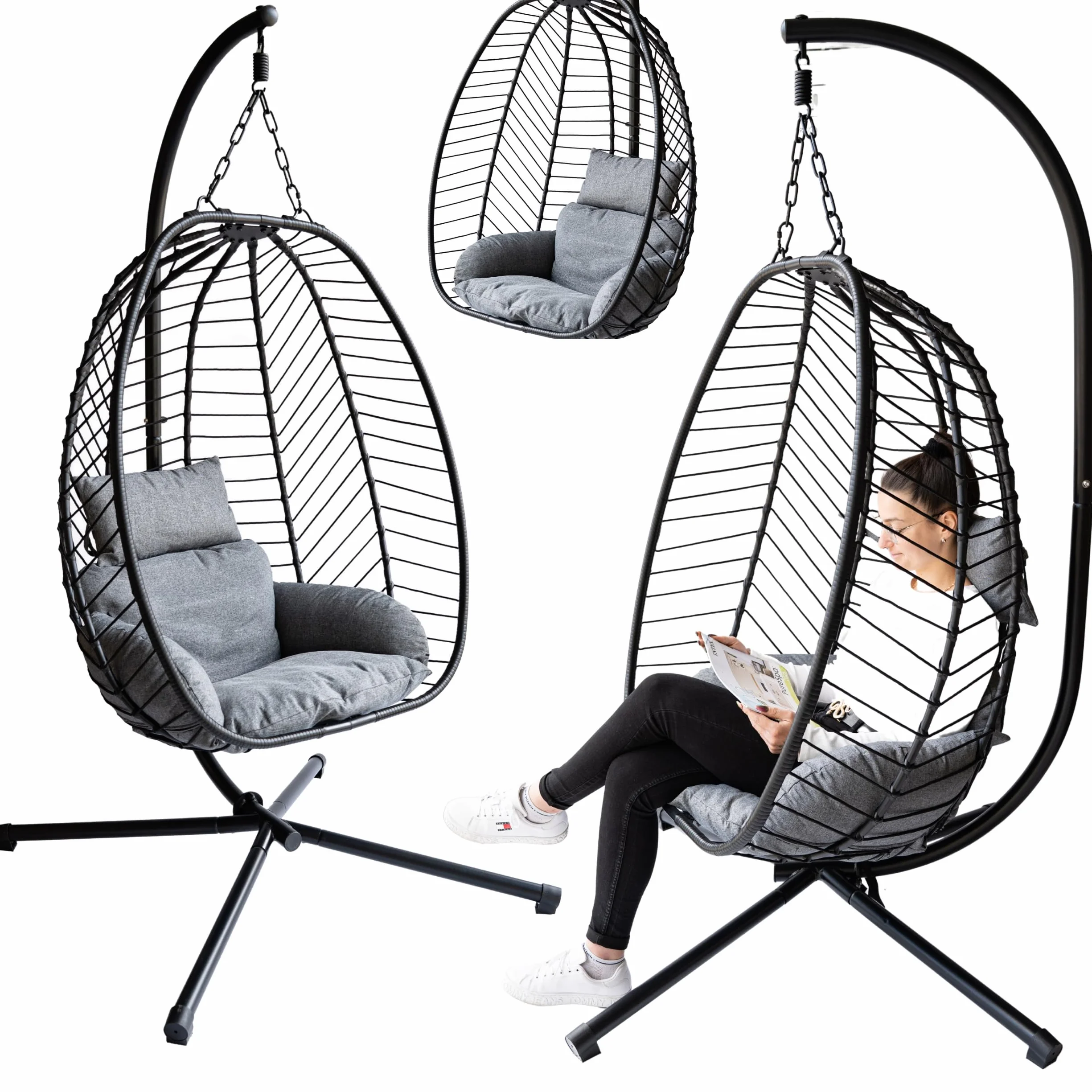 Fotel wiszący ogrodowy kokon ciemno-szary, Premium jakość, styl Urban Loft, 4-ramienna podstawa, do ogrodu, na taras, na balkon