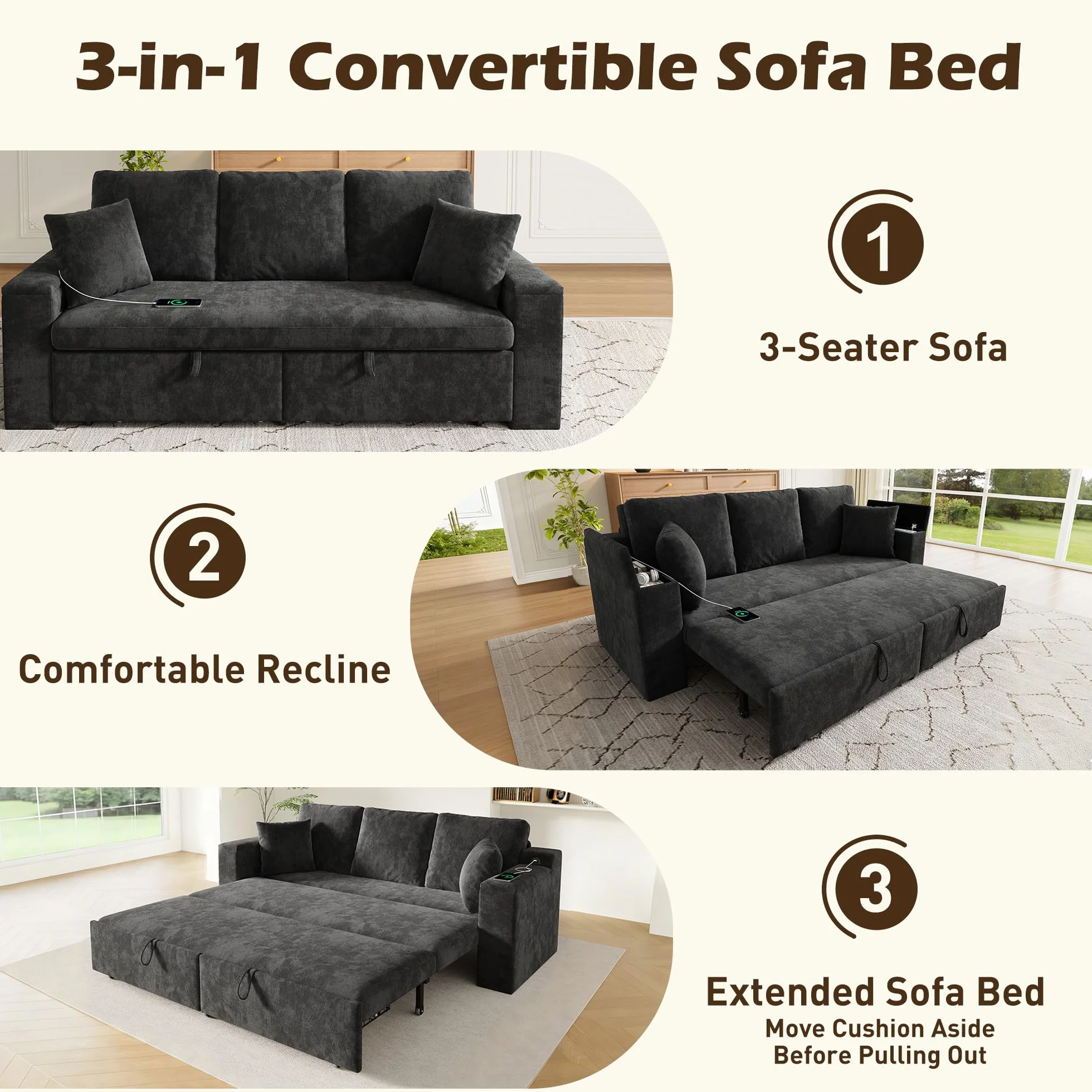 3-osobowa sofa 3 w 1 z funkcją spania, metalowa rama, miejsce do przechowywania, USB i podłokietniki, do salonu i sypialni, wielofunkcyjna, szara