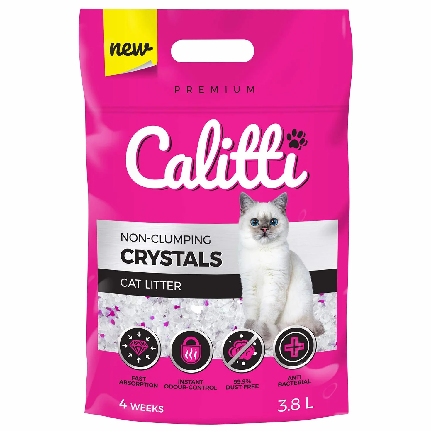 Calitti - żwirek silikatowy dla kotów | Premium Crystals żwirek silikatowy | Antybakteryjny żwirek dla kotów | Zestaw 8 x 3,8 L = 30 L