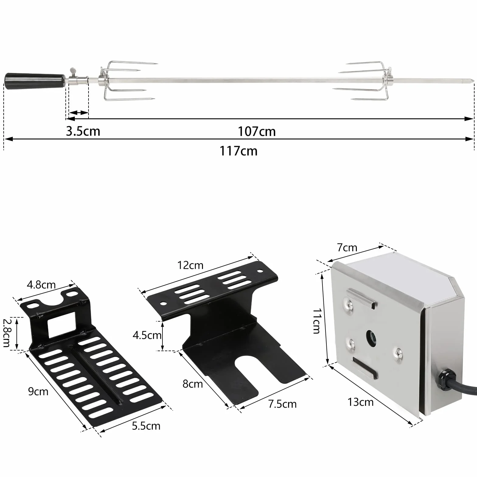 Zestaw rożen do grilla 107 cm, wysokiej jakości elektryczny rożen obrotowy z 2 igłami do mięsa i silnikiem ze stali nierdzewnej, 220 V – 240 V, rożen obrotowy ze stali nierdzewnej,