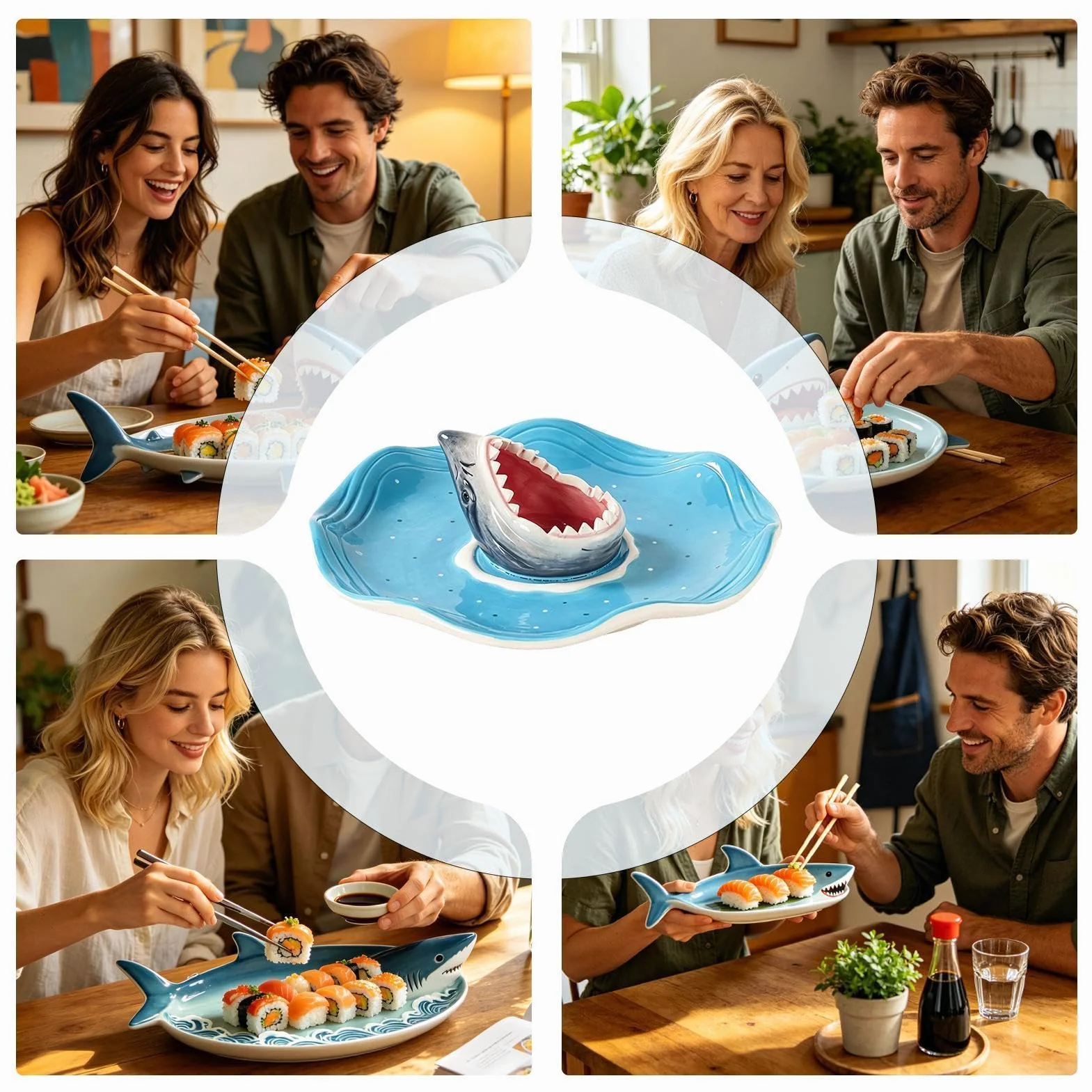 Shark Serving Platter ceramiczny z zabawną przegródką na sosy | Ceramiczna taca na przystawki do Charcuterie, taco, ryb, burgerów, sosów, owoców morza, przekąsek