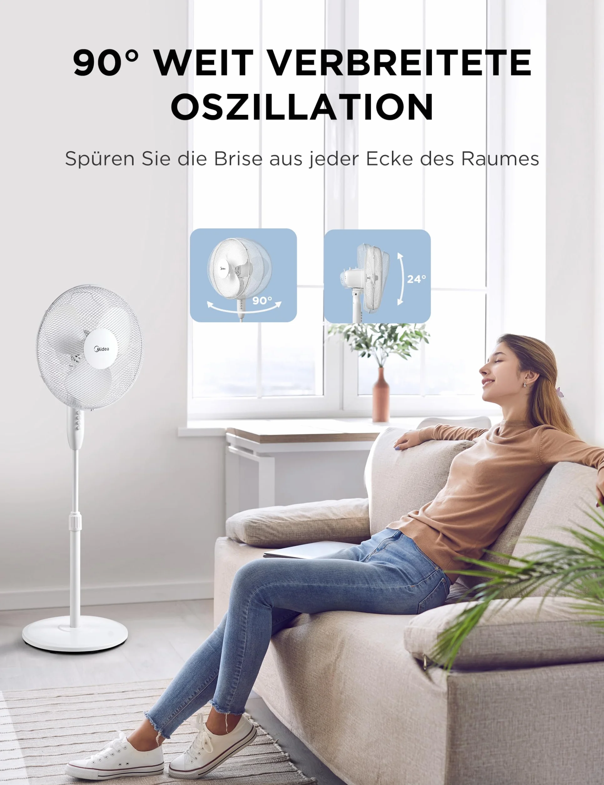 Midea FS40-16JA wentylator stojący, duża siła wiatru, duża objętość powietrza, moc 40 W, cicha praca 55 dB-65 dB, regulacja wysokości: do 130 mm, regulacja trzech prędkości