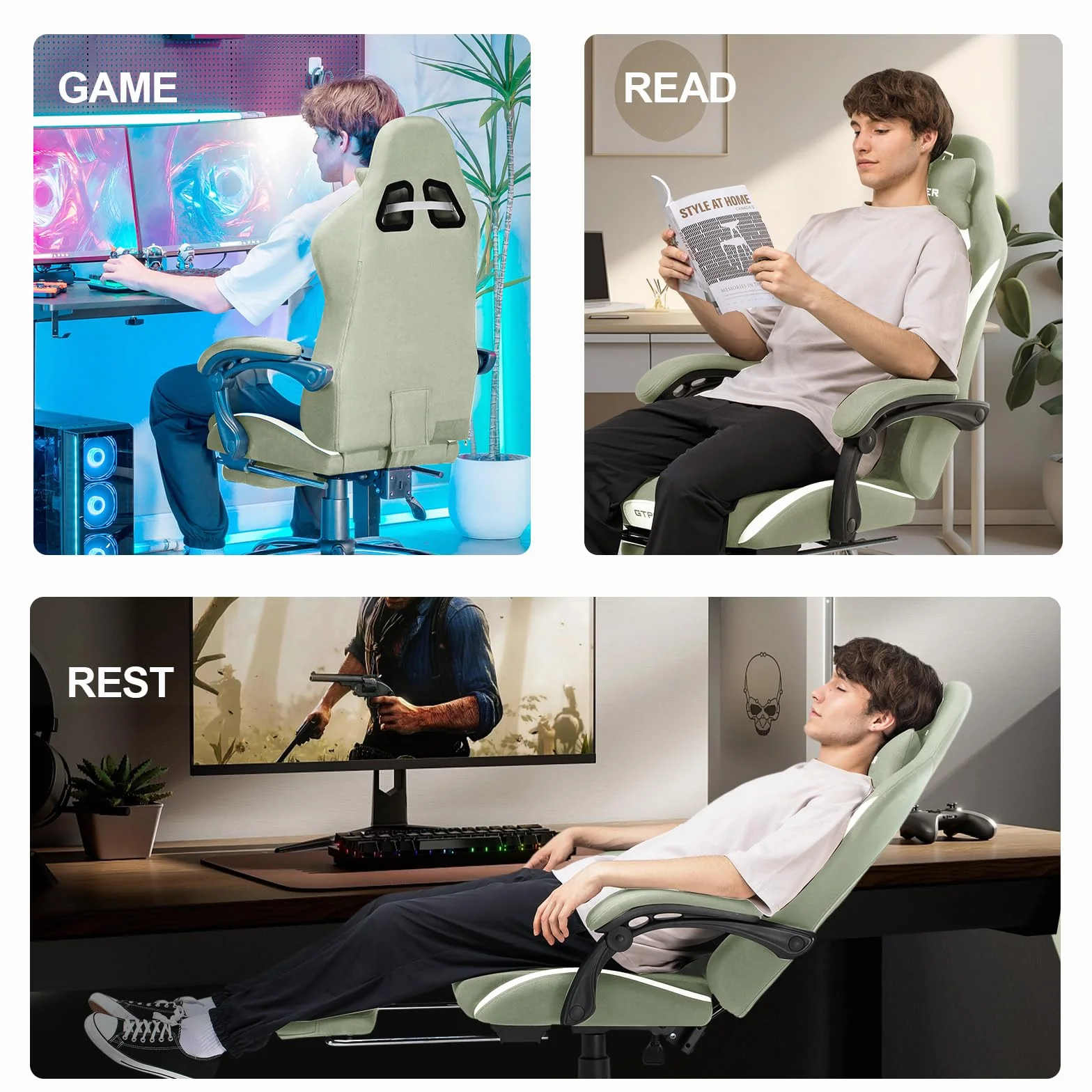 GTPLAYER Fotel Gamingowy, Fotel Dla Graczy, Wysokiej JakośCi Tkanina OddychająCa KrzesłO Biurowe, Ergonomiczny Fotel Do Komputera, Regulowany I Obrotowy Fotel Biurowy Z PodnóżKiem, Zielony