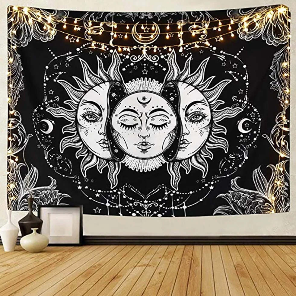 LOMOHOO Gobelin z motywem tarota, słońce i księżyc, psychodeliczny gobelin na ścianę, czarny, niebiański, indyjska mandala, bohema. hipisowska narzuta na plażę (słońce i księżyc, L: 148 x 200 cm)