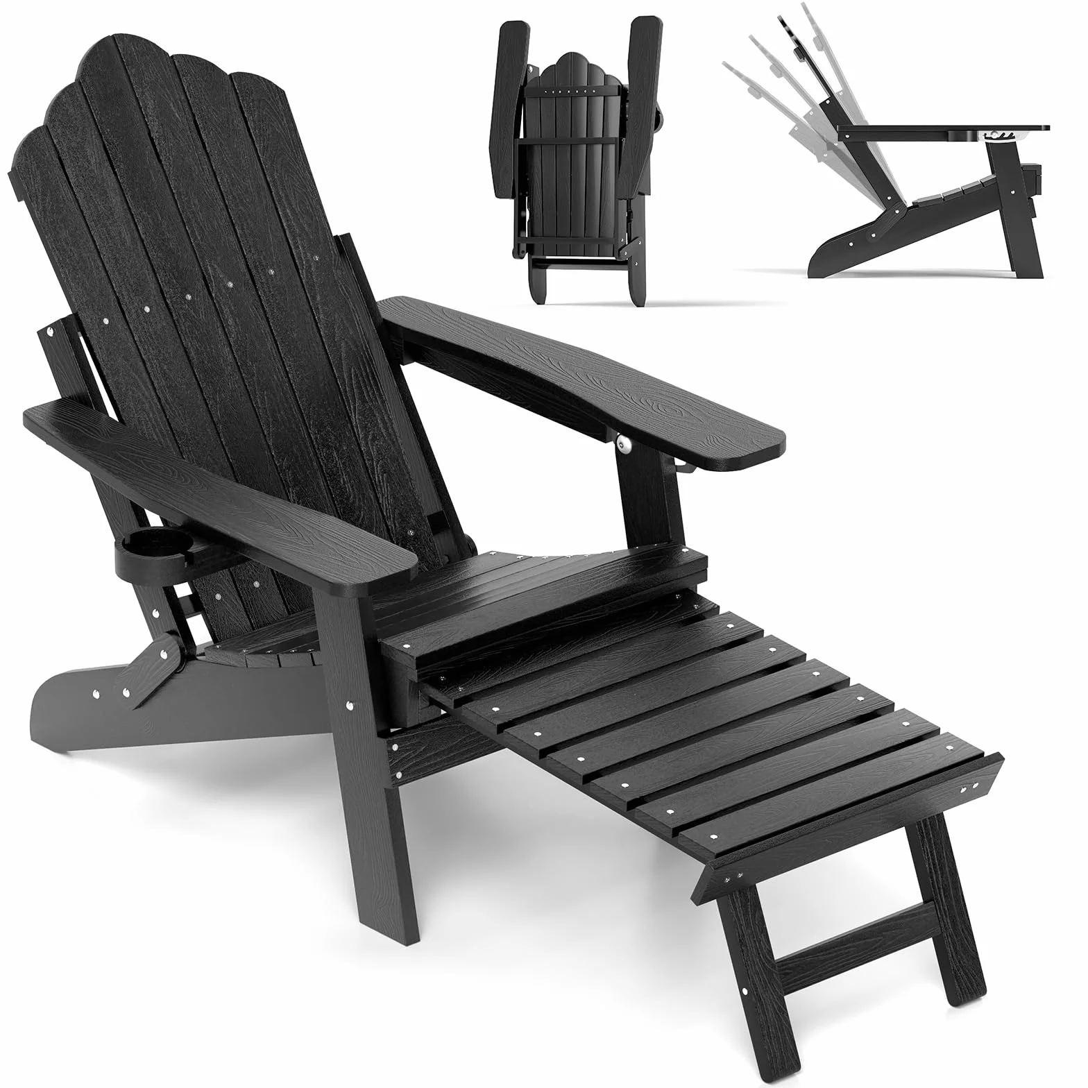COSTWAY Składane krzesło Adirondack z podnóżkiem i regulowanym oparciem, odporne na warunki atmosferyczne Adirondack Chair z tworzywa sztucznego, fotel ogrodowy z uchwytem na napoje, do ogrodu, na