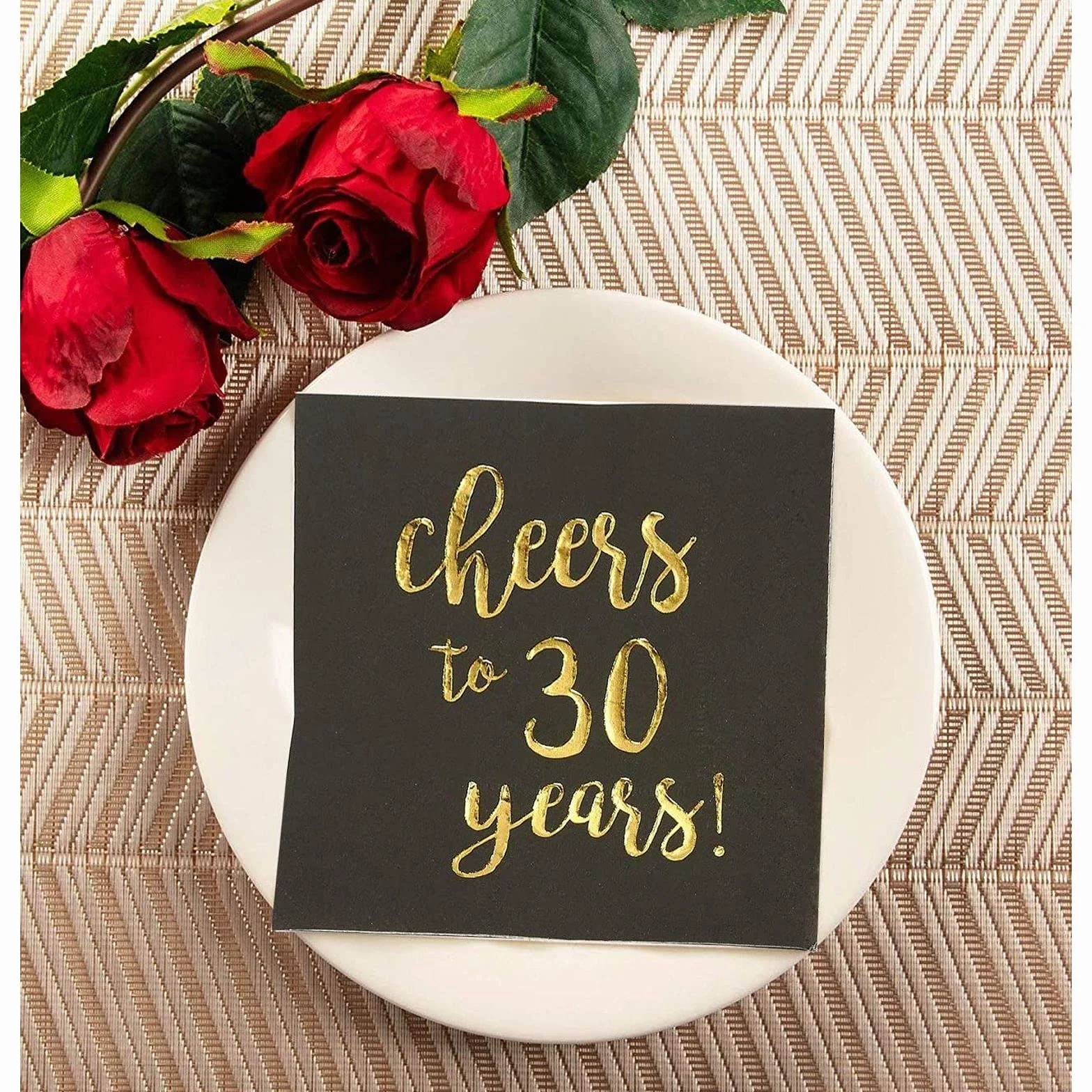Zestaw 50 serwetek Cheers to 30 lat, 3-warstwowe papierowe serwetki, dekoracje na 30. urodziny dla mężczyzn i kobiet, impreza rocznicowa, czarno-złote, 25 x 25 cm