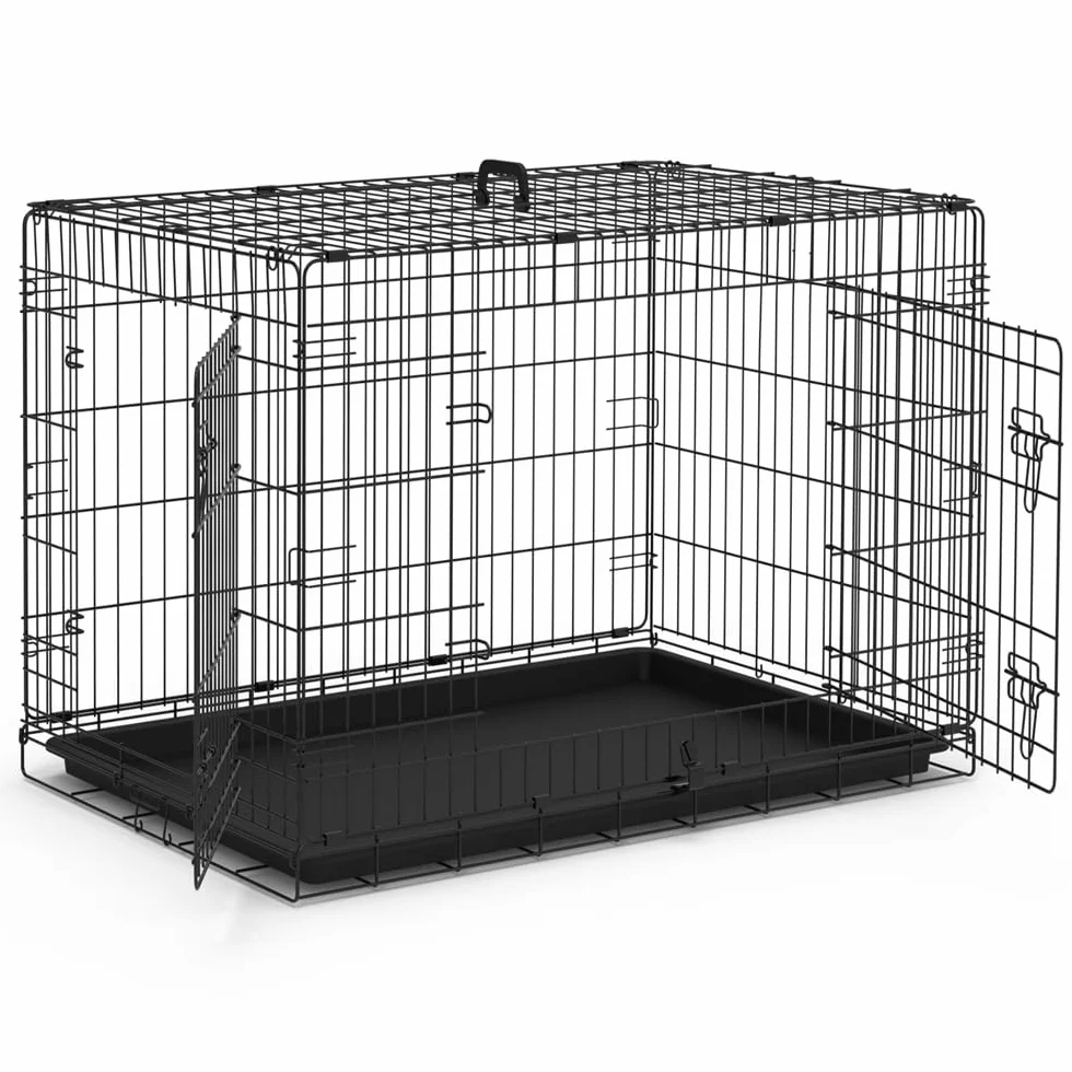 VOUNOT Składana klatka dla psa z 2 zamykanymi drzwiami i zdejmowaną tacą składana metalowa klatka dla psa transporter dla psa 92 x 58 x 64 cm czarna