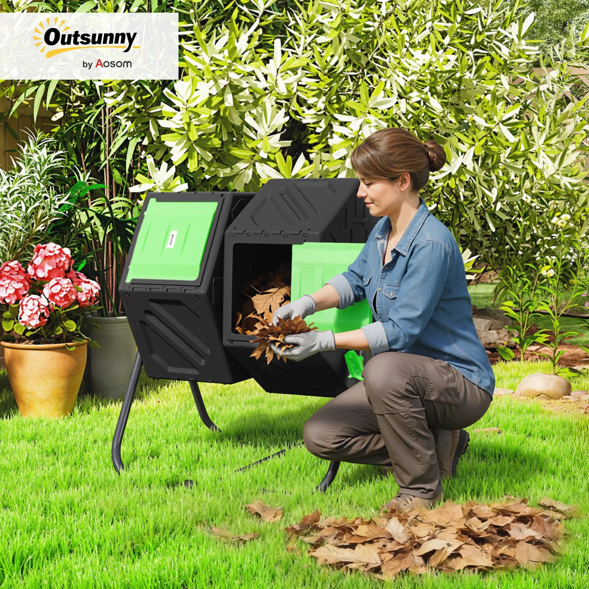 Outsunny Kompostownica ogrodowa - pojemnik na kompost na odpady - obrotowy 360° - dwukomorowy 160 L - stal PP czarna