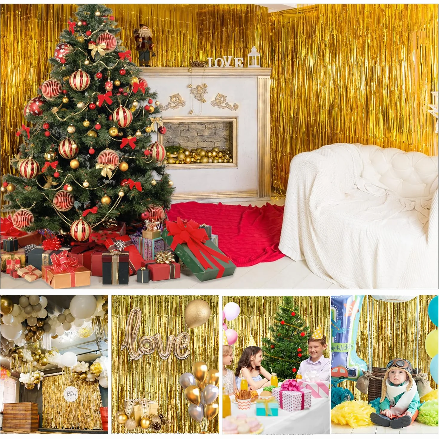 5 sztuk lamety, złote, błyszczące, foliowe, zasłony, 1 x 2 m, brokatowa zasłona, lameta, brokatowa, na choinkę, urodziny, festiwale, imprezę, dekoracja sceniczna