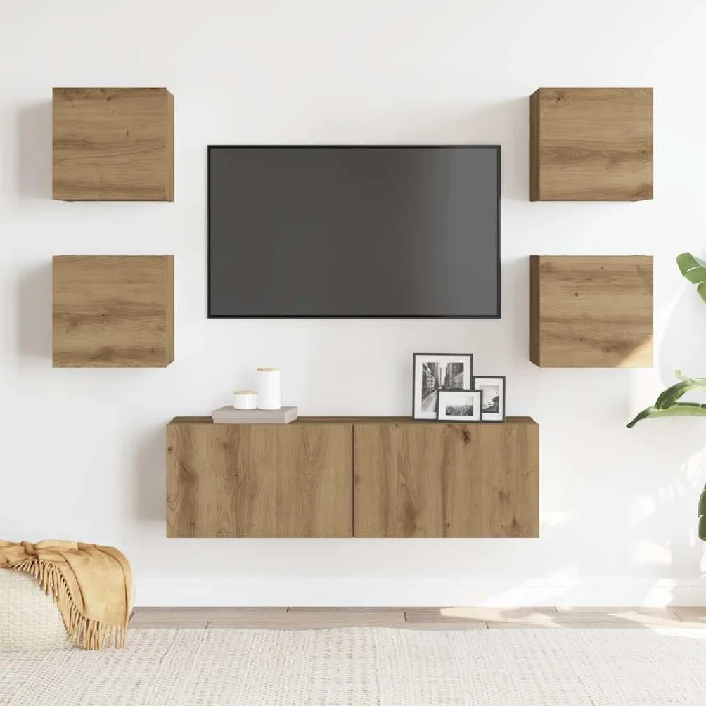 5-częściowy zestaw do montażu na ścianie, dąb Artisan, materiał drewnopochodny, szerokość 100 cm, nowoczesny design, do salonu, konsola medialna, trwała