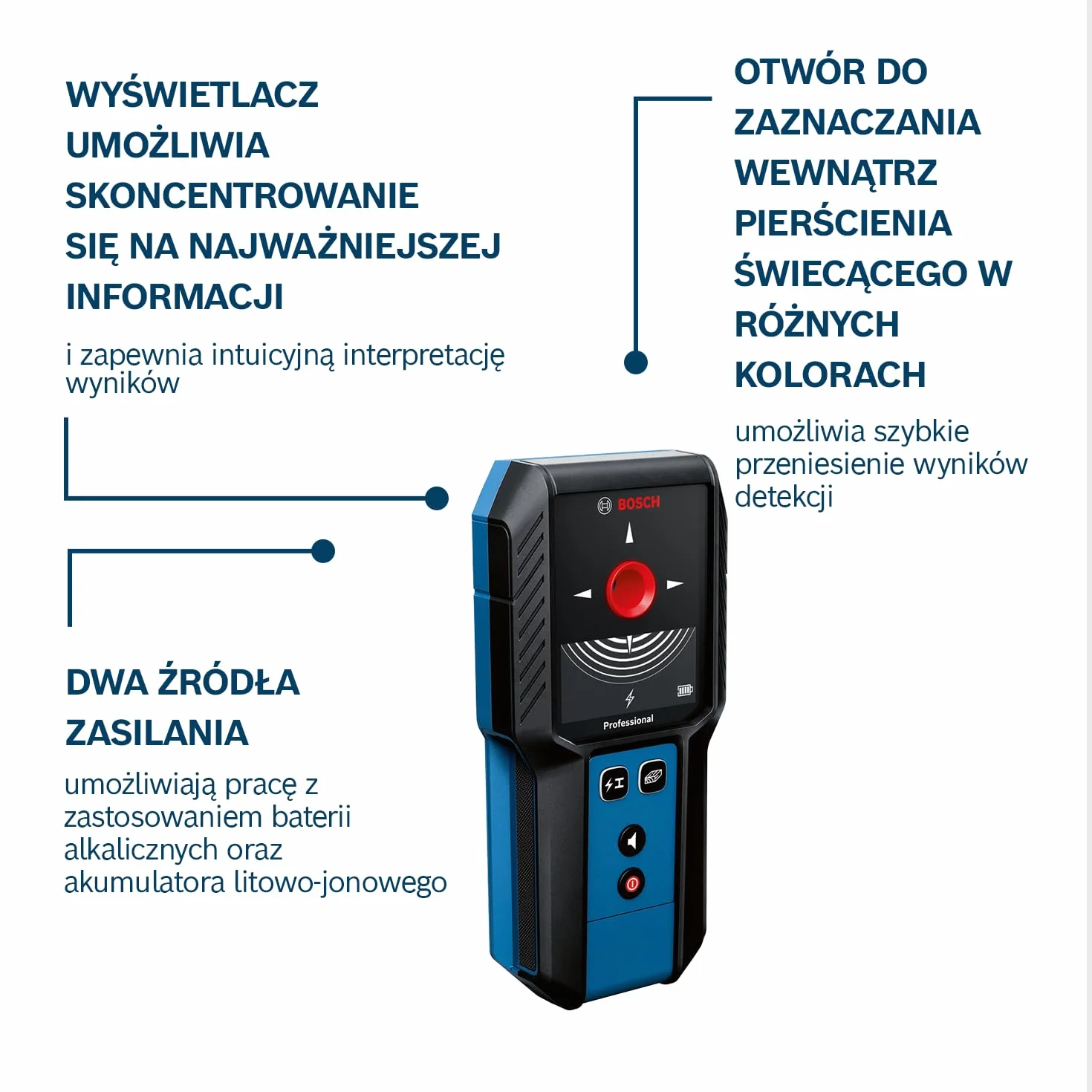Bosch Professional: detektor GMS 120-27(przewód USB-C, maks. głębokość detekcji metali niemagnetycznych/metali magnetycznych/przewodów pod napięciem/drewna: 120/100/50/30 mm, 2 baterie AA, pokrowiec)