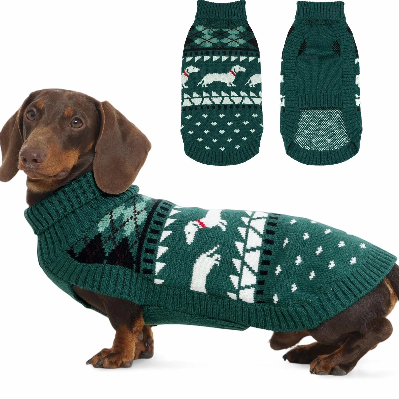 Sweter dla psa Jamnik S, polarowy płaszcz z wzorem jamników, golf, małe psy, zielony