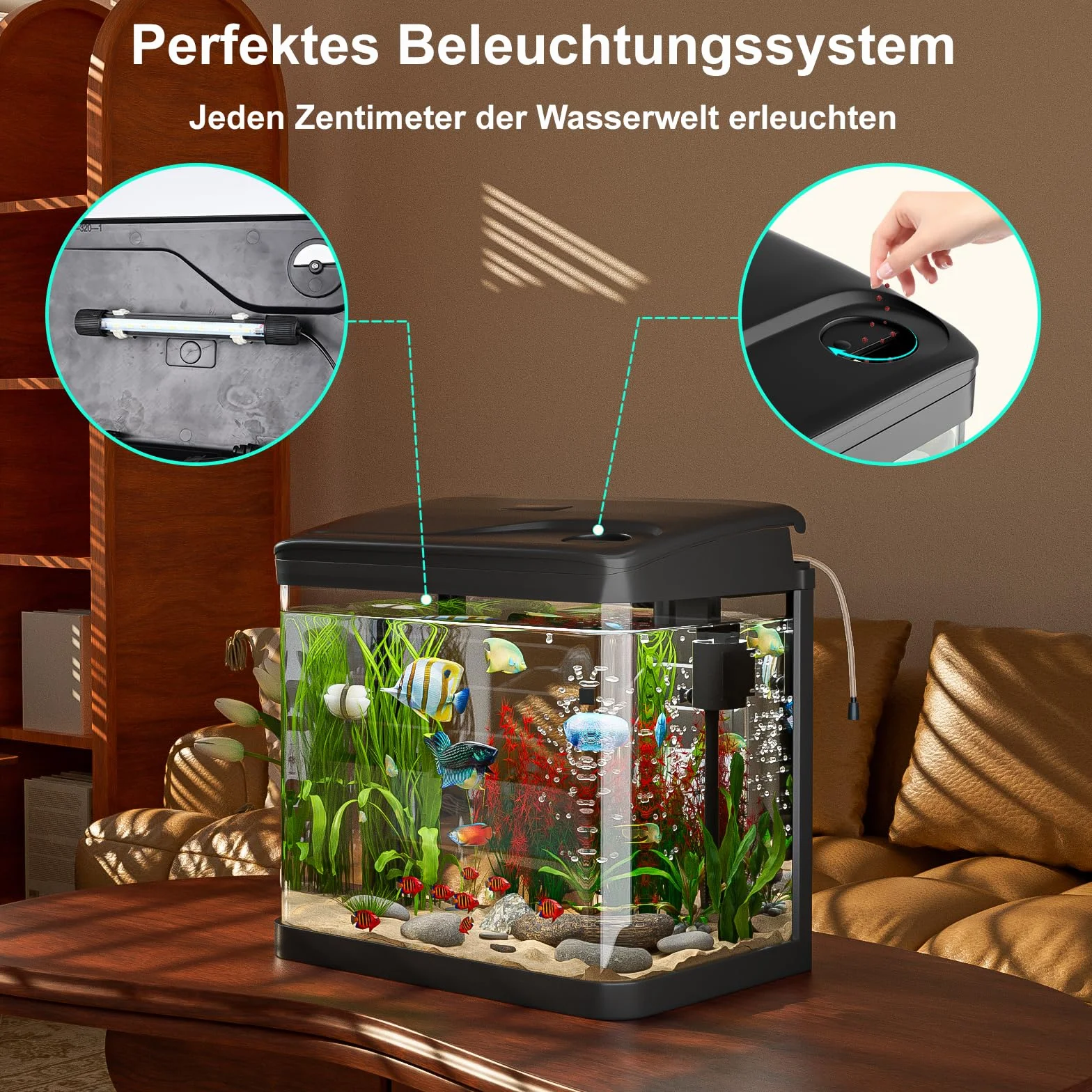 GuKKK Nano akwarium, kompletny zestaw, 15 l, stabilny basen dla początkujących z oświetleniem LED i wbudowanym systemem filtrowania, do ryb, basenów Aquarii, odporny na uderzenia, czarny