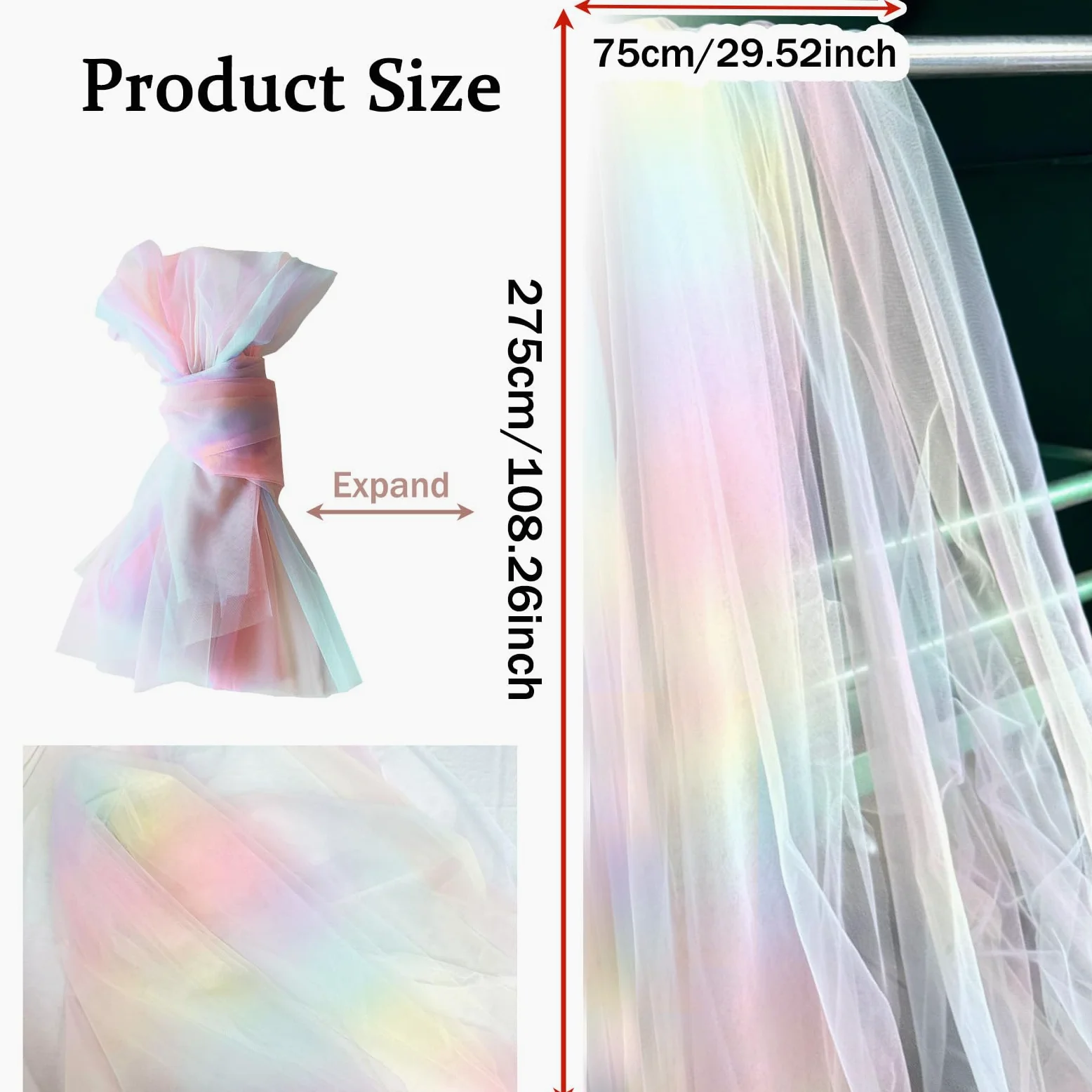 Bieżnik na stół z gazy, 75 x 275 cm, tiulowy, kolorowy, urodzinowy, tęczowy, dekoracja stołu w stylu boho, na wesele, urodziny, imprezę, do użytku wewnątrz i na zewnątrz