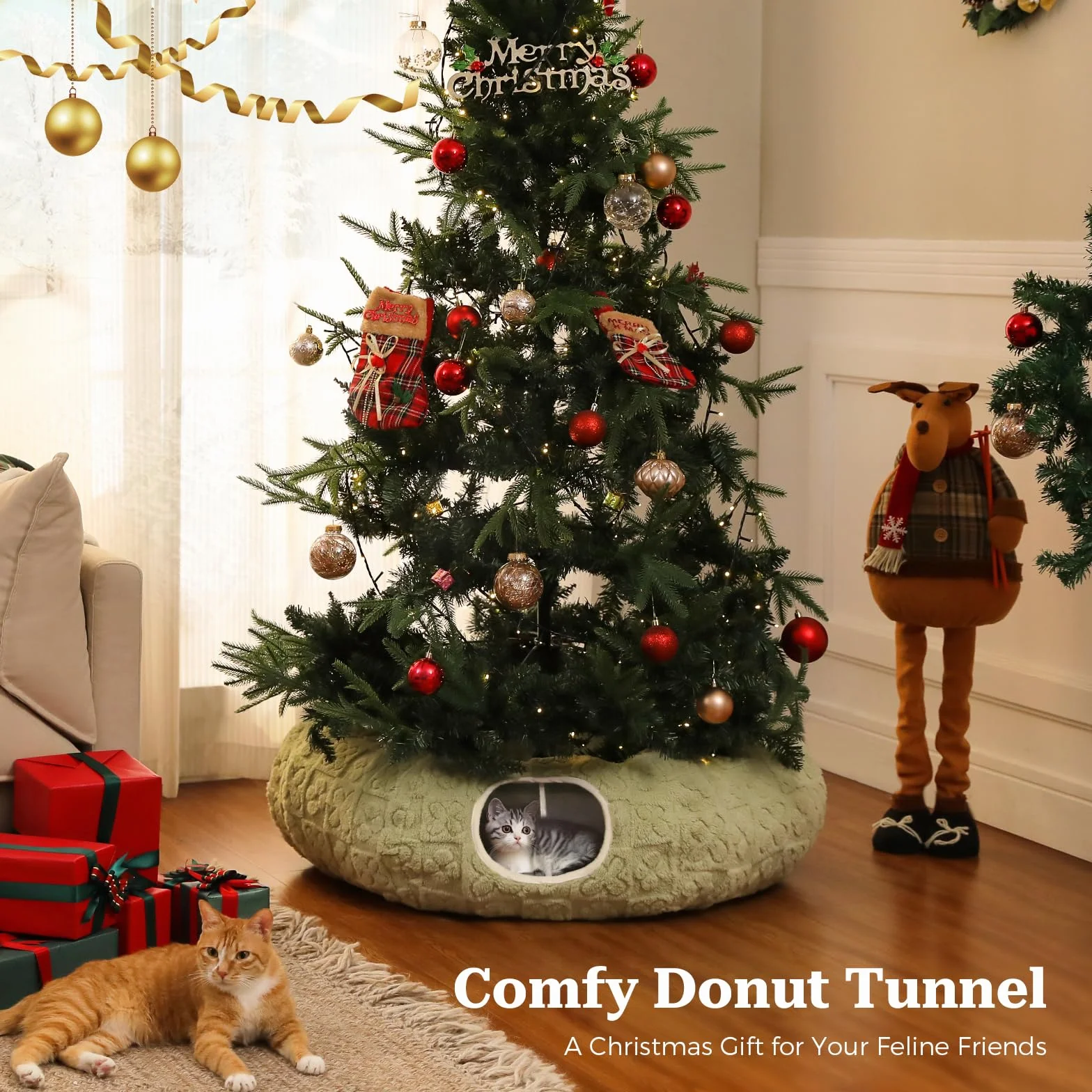PAWZ Road Tunel dla Kotów Pluszowy 2 w 1 Kształt Koła i Łóżeczko Średnica 85 cm Zielony