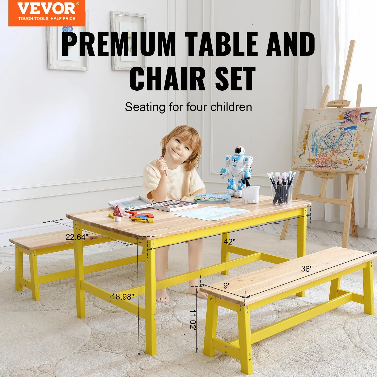 VEVOR 1 stolik dziecięcy + 2 ławki 1067 x 575 x 482 mm i 915 x 235 x 280 mm, zestaw mebli dziecięcych, łatwa do czyszczenia, do nauki, jedzenia, czytania, przedszkola, pokoju dziecięcego, 2-8 lat