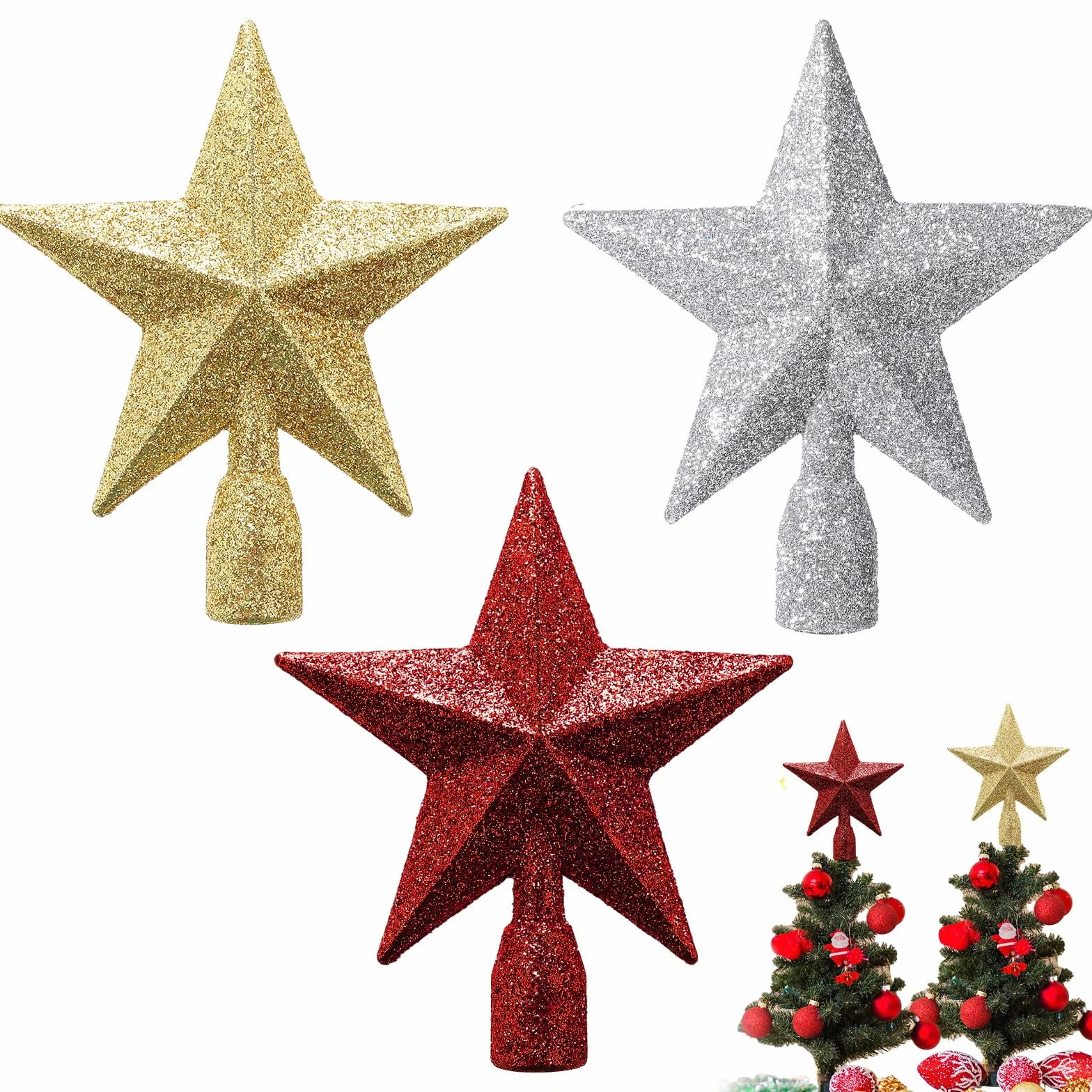 Sibba Ozdoba choinkowa dekoracja 3 szt. pentagram dekoracyjny wakacje 10 cm błyszcząca gwiazda tematyczna ozdoba brokat gwiazdy sezonowa dekoracja błyszczący uchwyt Święto Dziękczynienia