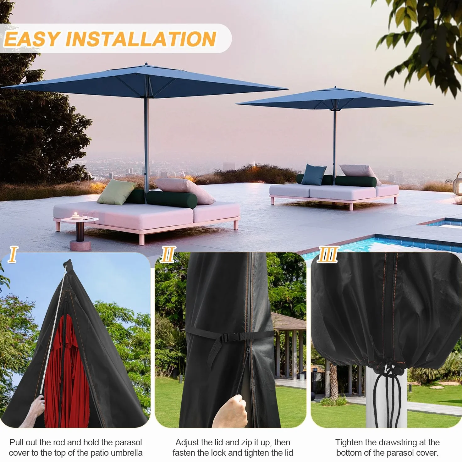 Pokrowiec Ochronny na Parasol z Zamkiem Błyskawicznym, Osłona Parasola Parasolowego Ø 2-4 m, Osłona Parasola Ogrodowego, Pokrowiec Ochronny na Parasol Przeciwsłoneczny, 220 x 50 cm/50cm