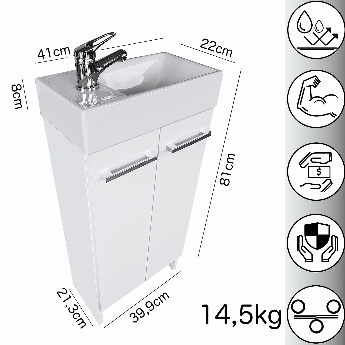 umywalka z szafką pod umywalkę 81 cm x 40 cm x 22 cm, umywalka dla gości z szafką pod umywalkę - mała szafka 40 cm, szafka łazienkowa (biała)