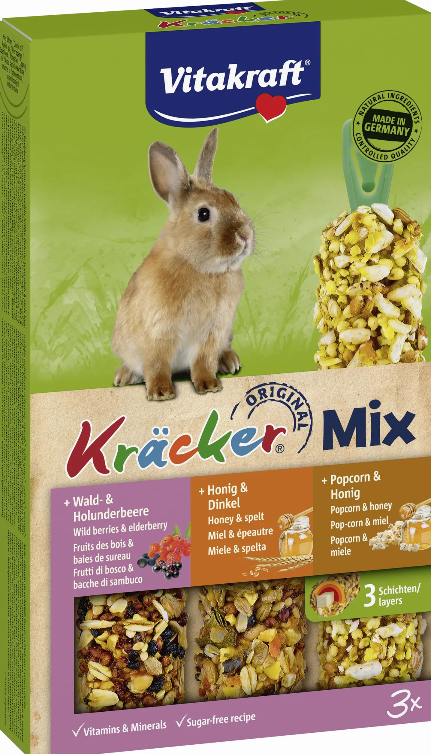Vitakraft Kräcker Mix, przekąska dla gryzoni, dla królików miniaturowych, z leśnymi jagodami, miodem, popcornem, bez dodatku cukru i zbóż (1 x 3 sztuki)