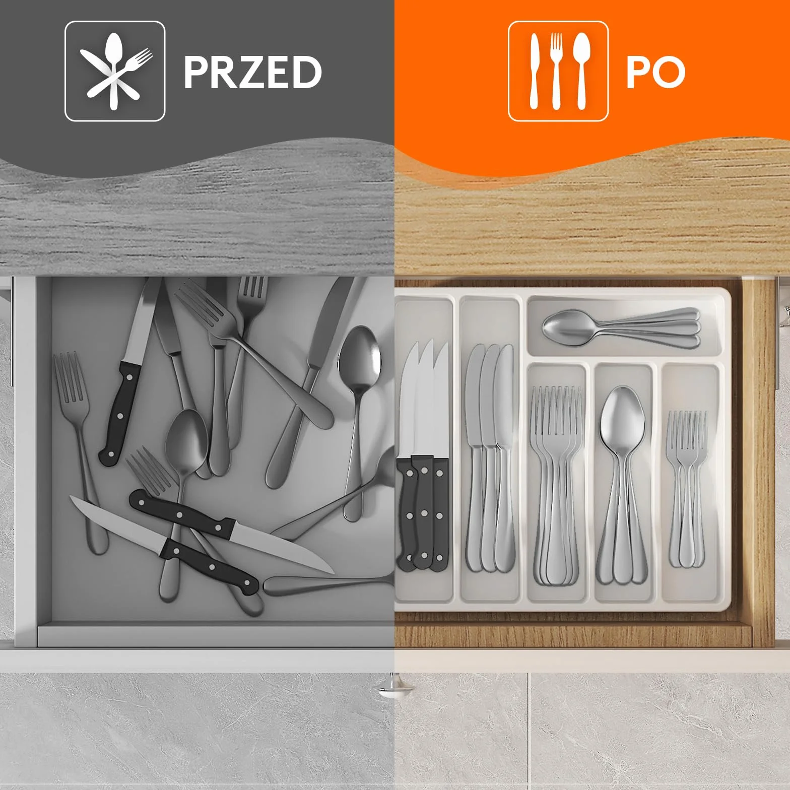 Organizer do szuflady na sztućce Lifewit, Plastikowa taca na sztućce do szuflady kuchennej, Uchwyt, Przegródka na Łyżki, Widelce, Noże, Zastawa stołowa, 6 przegródek, Biały