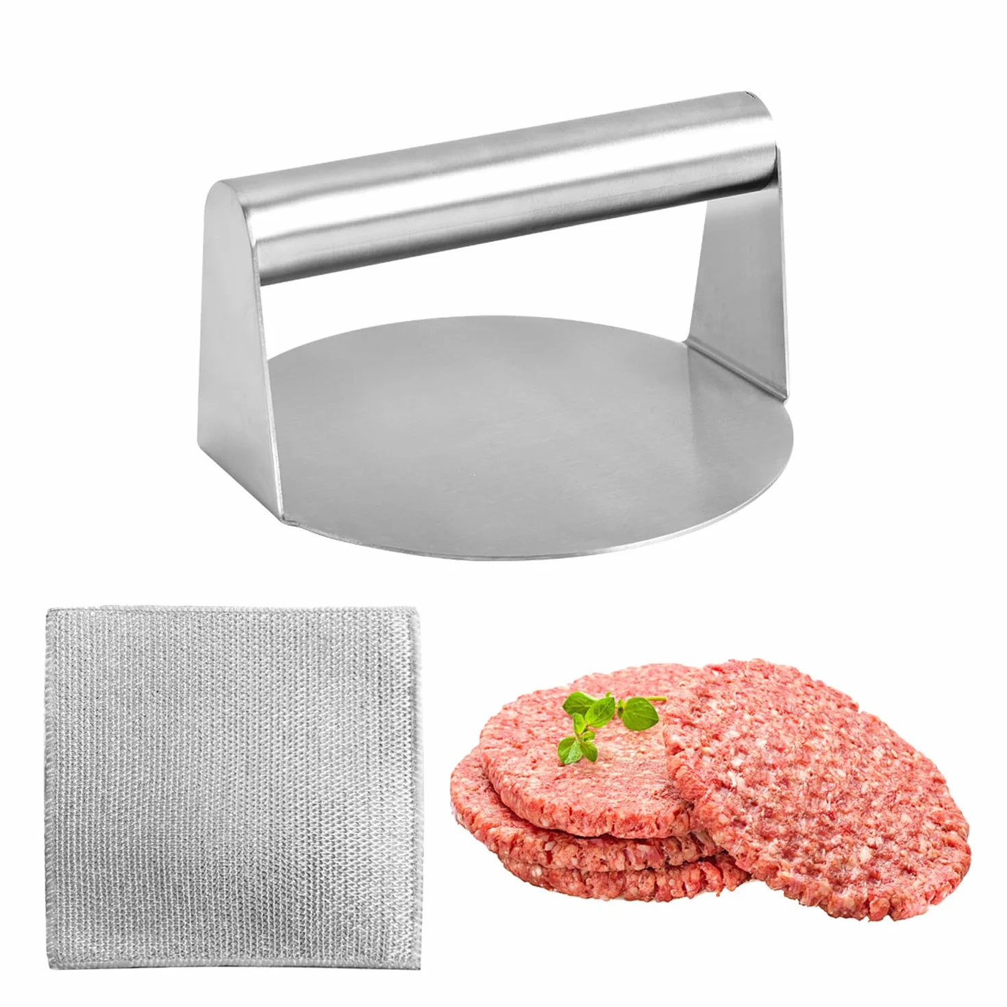 1 x prasa do hamburgerów, 1 x metalowe płótno, okrągła prasa do hamburgerów, prasa tortilla ze stali nierdzewnej, przybory kuchenne