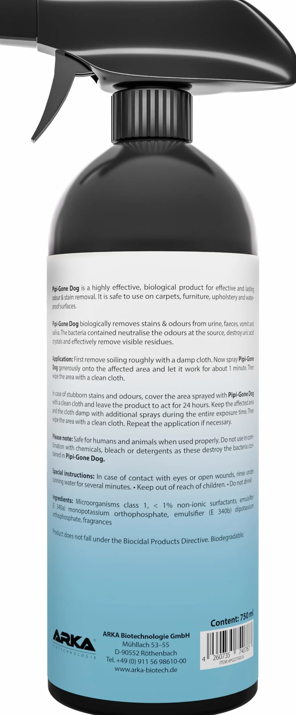 ARKA - PIPI-Weg Hund | Natürlicher Geruchsentferner und Reiniger für Flecken auf Teppich, Sofa, Polster und Boden | Entfernt Hundeurin, KOT, Erbrochenes und Speichel | Inhalt: 750ml