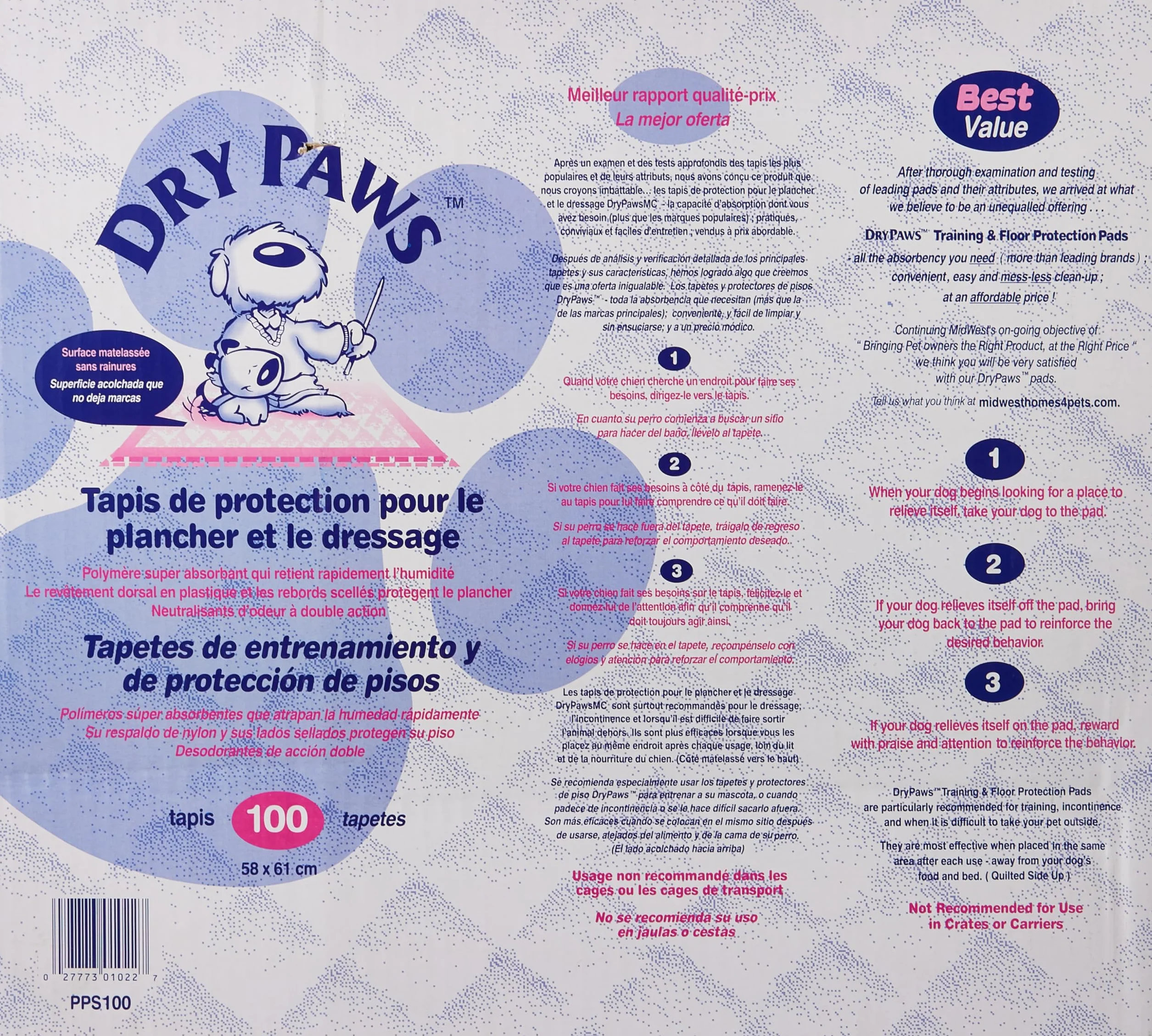 Midwest Homes For Pets Dry Paws Wodoodporny Podkład dla Zwierząt, Biały/Różowy, 58 x 61 cm/100 Sztuk