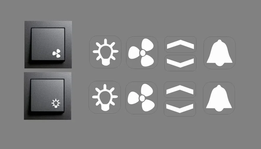 Zestaw naklejek na przełączniki, białe symbole, strzałki, dzwonek, wentylator, naklejka w kolorze białym Smart Home (RP29/1) (10 mm)