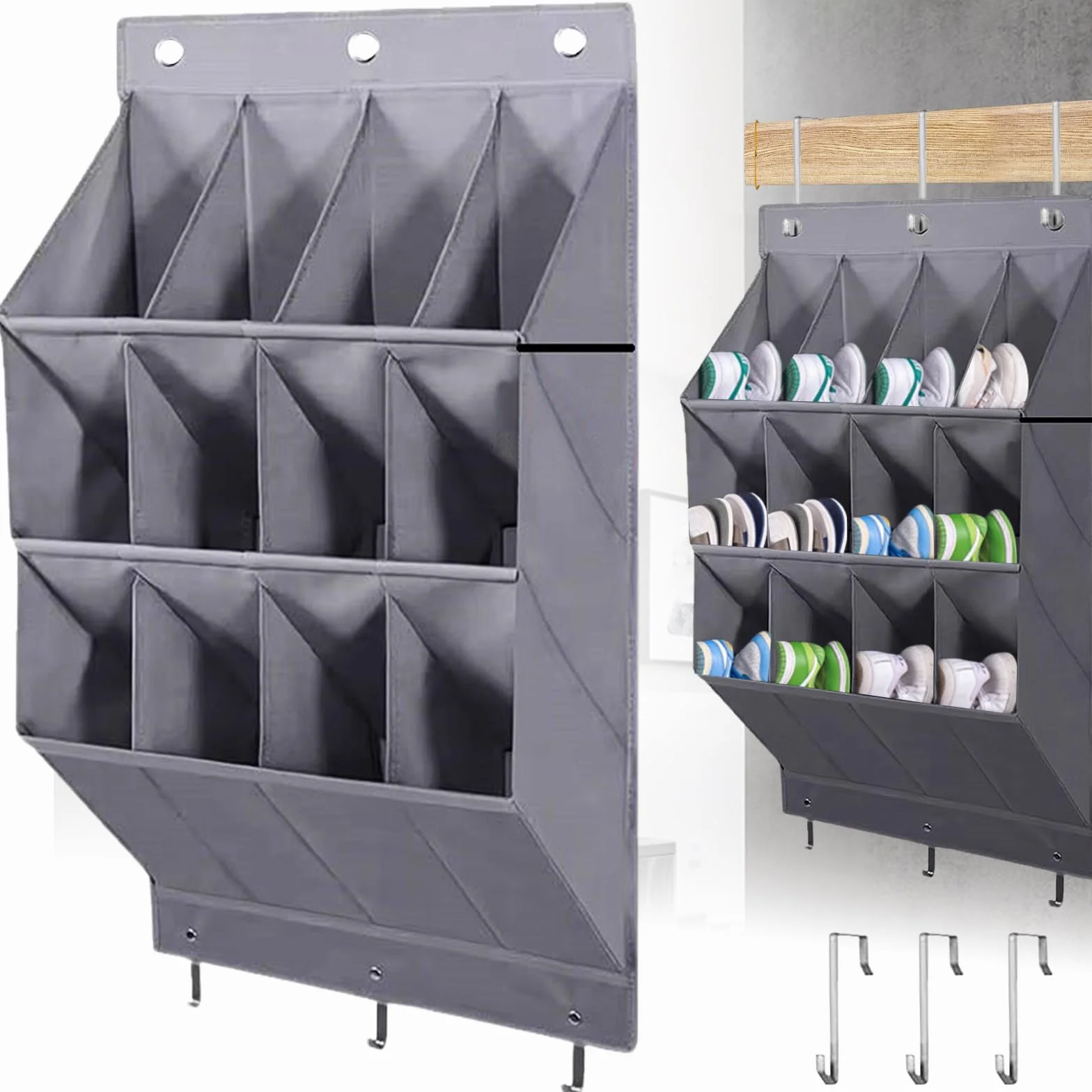 Organizer na buty do zawieszenia nad drzwiami, wiszący schowek na buty z 12 dużymi kieszeniami, wąski nad drzwiami, do przechowywania butów z 3 haczykami, regał na buty do szafy, sypialni,