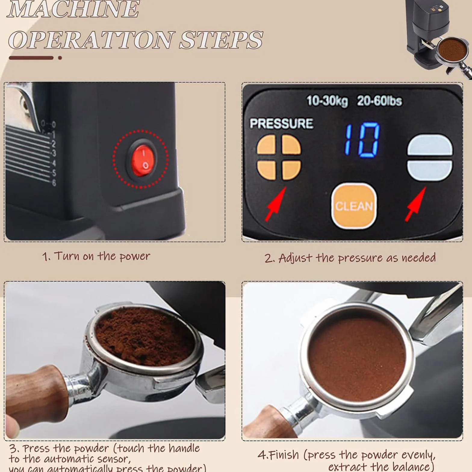 Ubijak do kawy 58 mm – automatyczna prasa do kawy ziarnistej espresso – 10–30 kg, regulowane ciśnienie – narzędzie do kawy – łatwe czyszczenie – do kawiarni i użytku domowego (czarny)