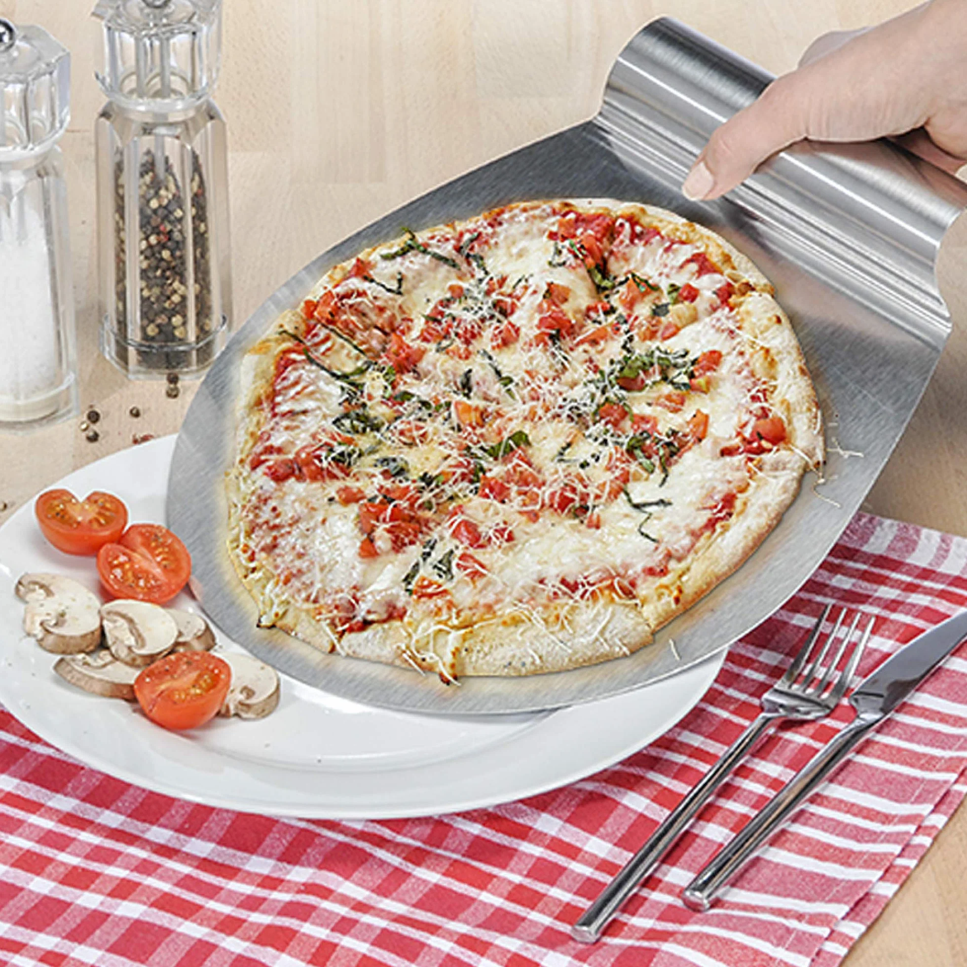 COM-FOUR® Nierdzewna taca do pizzy - taca do podnoszenia ciasta z wpuszczonym uchwytem - taca do ciasta i pizzy - lopata do pizzy do Ø 26 cm (srebrna - okragla)